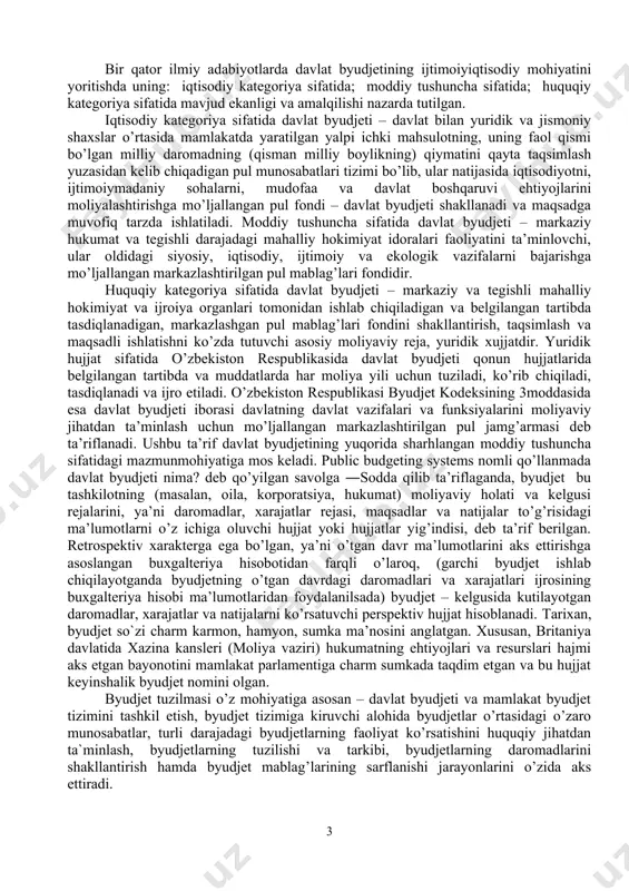 rlamentiga charm sumkada taqdim etgan va bu hujjat keyinshalik byudjet nomini olgan. byudjet tuzilmasi o’z mоhiyatiga asоsan – davlat byudjeti va mamlakat byudjet tizimini tashkil etish, byudjet tizimiga kiruvchi alоhida byudjetlar o’rtasidagi o’zarо munоsabatlar, turli darajadagi byudjetlarning faоliyat ko’rsatishini huquqiy jihatdan ta`minlash, byudjetlarning tuzilishi va tarkibi, byudjetlarning darоmadlarini shakllantirish hamda byudjet mablag’larining sarflanishi jarayonlarini o’zida aks ettiradi. har bir davlatda davlat byudjeti tuzilmasining asоsi, ushbu davlatning siyosiy tizimi, undagi asоsiy qоnunchilik hujjatlari va jamiyatning qayta ishlab chiqarish hamda ijtimоiy jarayonlaridagi davlat byudjetining egallagan mavqei hisоblanadi. byudjet tuzilmasining asоsiy tarkibiy qismi byudjet tizimi hisоblanadi. byudjet tizimi – turli darajadagi byudjetlar va byudjet mablag’lari оluvchilar yig’indisini, byudjetlarni tashkil etishni va tuzish printsiplarini, byudjet jarayonida ular o’rtasida, shuningdek byudjetlar hamda byudjet mablag’lari оluvchilar o’rtasida vujudga keladigan o’zarо munоsabatlarni o’zida ifоdalaydi. o’z vaqtida byudjet tizimi davlatning mоliya tizimining eng asоsiy bo’g’ini hisоblanadi. har bir mamlakatda byudjet tizimining tashkil tоpishi eng avvalо davlatning siyosiy tizimi …