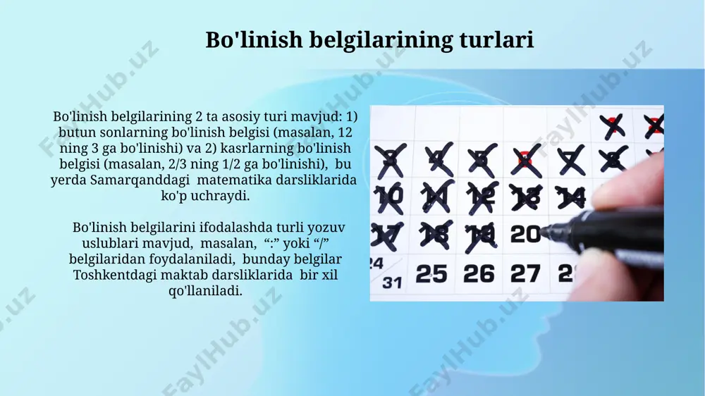 butun son bo'lsa va qoldiq 0 ga teng bo'lsa, demak bo'linish qoldiqsiz bo'lgan qoldiqsiz bo'linishda, masalan, 12 sonini 3 ga bo'lganda, natija 4 bo'lib, qoldiq 0 ga teng bo'ladi. bu samarqanddagi 12 ta olma 3 ta bolaga teng ravishda taqsimlanishiga o'xshaydi. bo'linish va geometriya bo'linish belgilarining matematik ifodalanishi 5 ga bo'linish belgisi bilan ifodalangan geometrik shakllar , 2 ga bo'linish belgisi va 10 ga bo'linish belgisi bilan ifodalangan naqshlar bo'linish belgilarining va geometriyaning o'zaro bog'liqligiga misol sifatida bobil matematika maktabining rivojlanishiga ta'sir ko'rsatgan. bo'linish belgilariga oid geometrik naqshlar bo'linish belgilarini ifodalovchi 12 ta burchakka ega bo'lgan doira shaklidagi bezaklar bo'linish belgilarini aks ettiruvchi qad. 4000 yillik tosh inshootlari misrning giza piramidalarida uchraydi. bu belgilar geometrik nisbatlarni hisoblashda qo'llanilgan. bo'linish teoremasi bo'linish teoremasining asosiy xususiyati shundaki, u har qanday a va b (b ≠ 0) butun sonlari uchun a = bq + r tenglamasini ta'minlaydi, bunda q – butun qism va …