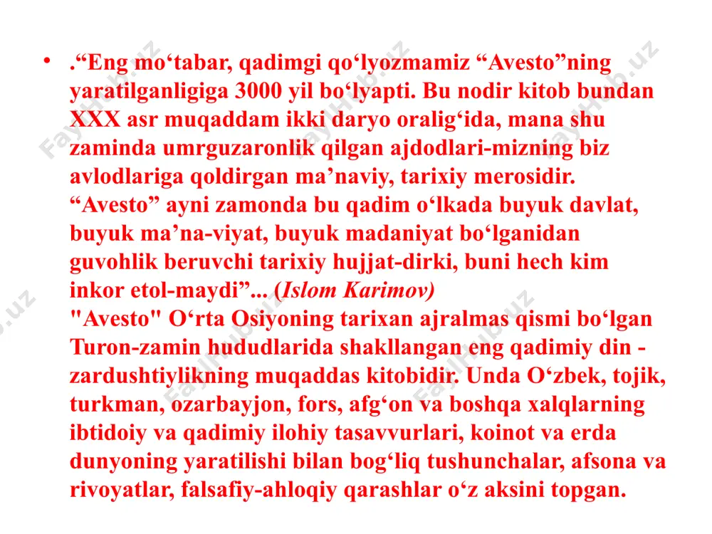 ayovsiz davom etdi. shu vaziyat taqozosi bilan zardushtiylarning bir qismi xavfsiz o‘lkalarga ko‘chib ketishga majbur bo‘ldi. oqibatda viii–xiii asrlar davomida bu jamoalar hindistonning bombay va gujarot viloyatlariga kelib o‘rnashdi. bu qavmlar, asl kelib chiqishidan qat’i nazar, mahalliy xalq orasida forslar (parslar), deb atala boshlandi. muhimi shundaki, ayni shu zardusht jamoalari qadimiy dinlariga e’tiqodni saqlab qolganliklari tufayli umuman unutilishga mahkum etilgan din tizimi, uning urf-odatlari, aqidalari va nihoyat, muqaddas kitobi “avesto”ning asosiy, kundalik amaliyot uchun eng zarur va muqaddas hisoblangan qismlari saqlanib qoldi. hozirgi kunda ham o‘sha qavmlarning avlodlari – qariyb 150 ming zardushtiy hindistonning mazkur o‘lkalarida o‘z dinlarini saqlab yashab kelmoqda. sharqda tarixiy manbalar “avesto” kitobi mavjud bo‘lgani haqida ikki ming yildan ziyod vaqt davomida ko‘plab ma’lumotlarni saqlagan. ovro‘pada esa “avesto” kitobi haqida ilk ma’lumotlar o‘rta asrlardagina paydo bo‘lgan, ya’ni inglizlar hindistonni istilo qilgach, bu ma’lumot yanada boyigan. 1750-yillarning boshlarida yosh fransuz tadqiqotchisi anketil dyuperron “avesto”ni o‘rganish ishtiyoqi bilan yonib, …