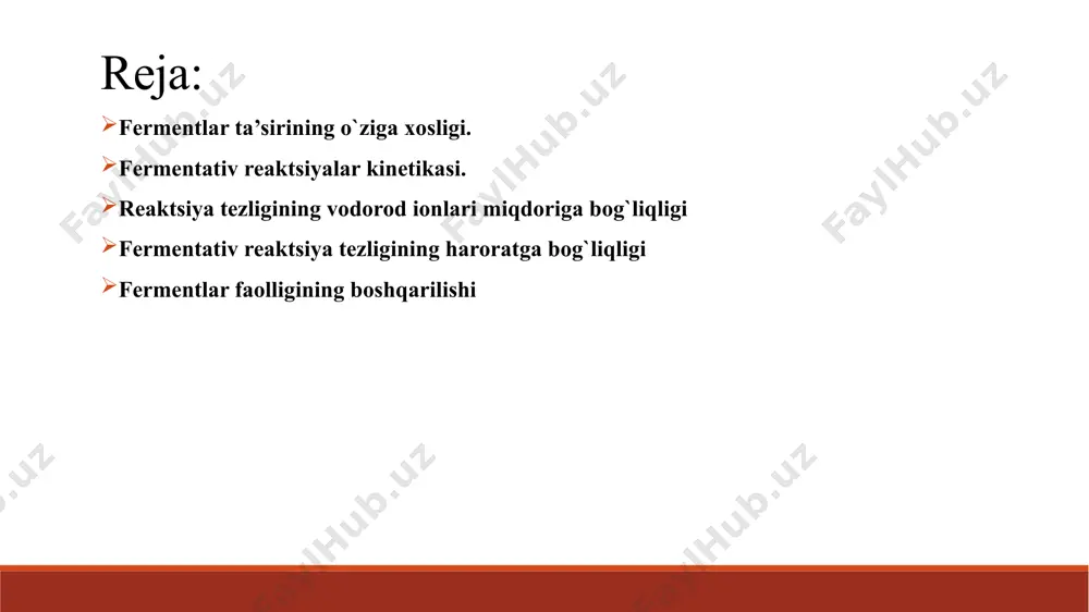 asida ro`y beradigan ozgina o`zgarish ham uning faolligini yo`qolishiga olib keladi. jigarda uchraydigan arginaza fermentini bunga misol qilib keltirish mumkin. uning substrati l-arginin bo`lib, ferment bu aminokislotaning boshqa unumlaridan birortasiga ham ta’sir etmaydi. oksidlovchi-qaytaruvchi fermentlarning muhim vakili suktsinatdegidrogenaza mutlaq spetsifiklikka ega. u faqat qahrabo kislotani degidrirlaydi. ammo ferment suktsinatdan faqat bitta metilen guruhini ortiq yoki kam saqlaydigan malonatga yoki glutaratga ta’sir etmaydi. 3. mutlaq guruhli spetsifiklik – faqat substratlarning o`xshash guruhlarini katalizlaydi. masalan, alkogoldegidrogenaza faqat etanolga emas, balki har xil tezlikda bo`lsa ham boshqa alifatik spirtlarga ham ta’sir etadi. 4. nisbiy guruhli spetsifiklik – ferment substrat molekulalarining guruhlariga spetsifiklik ta’sir qilmasdan, substrat guruhlarining ma’lum bir kimyoviy bog`lariga ta’sir qiladi. masalan, ovqat hazm qilish fermentlari – pepsin, tripsin turli oqsillardagi ma’lum aminokislotalardan hosil bo`lgan peptid bog`iga nisbatan spetsifik. 5. nisbiy substratli spetsifiklik – ferment kimyoviy birikmalarning turli xil guruhlariga tegishli substratlarni katalizlaydi. masalan, sitoxrom p450 fermenti turli xil moddalarning (7000 ga …