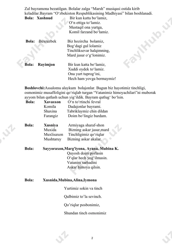 mma: deymiz armiyamizga “salyut” bolalar “armiya”qo‘shig‘ini aytib beradilar . boshlovchi: himoyachi bo‘lish uchun qasamni bajarish uchun jassur, kuchli bo‘lish uchun jismoniy tarbiya bilan doim do‘stlashish kerak. . bola: biz sizga tilaymiz tezroq o‘sishni. kuchli va jassur botir bo‘lishni. bola: barakalla bolalar iftixorimiz sizlar. bugungi tabrigimiz faqat, faqat sizlarga. hamma qizlar: vatan himoyachilarini tabriklaymiz chin dildan. qizlar laparlar aytadilar. bugun bayram yayraymiz bolalarni qutlaymiz. bugun qo‘shiq aytamiz bayram muborak deymiz. o‘ynang bolalar o‘ynang sizni ko‘rgani keldik sizlar bilan davrada raqsga tushgani keldik. sizlar katta bo‘lasiz armiyaga borasiz zerikmaslik uchun biz kitoblarni o‘qiymiz konkurs “chest ber”. (konkursda bobolar chiqadi va boshlovchining ko‘rsatmasi asosida tezlik bilan o‘ng qo‘llarini o‘ng peshonaning chakkasiga qo‘yib zudlik bilan chest berishlari kerak. kim ko‘rsatma berilgandan so‘ng kegin chest bersa yutqizadi. kim ko‘rsatmadan kegin tezlik bilan chest bersa yutgan hisoblanadi. o‘yin shu tariqa davom etadi.) bola: chegarachi zastavada bizning erni qo‘riqlar. chanada chaqqon yurib dushmanlar dodin berar. boshlovchi:navbatdagi konkursimiz …