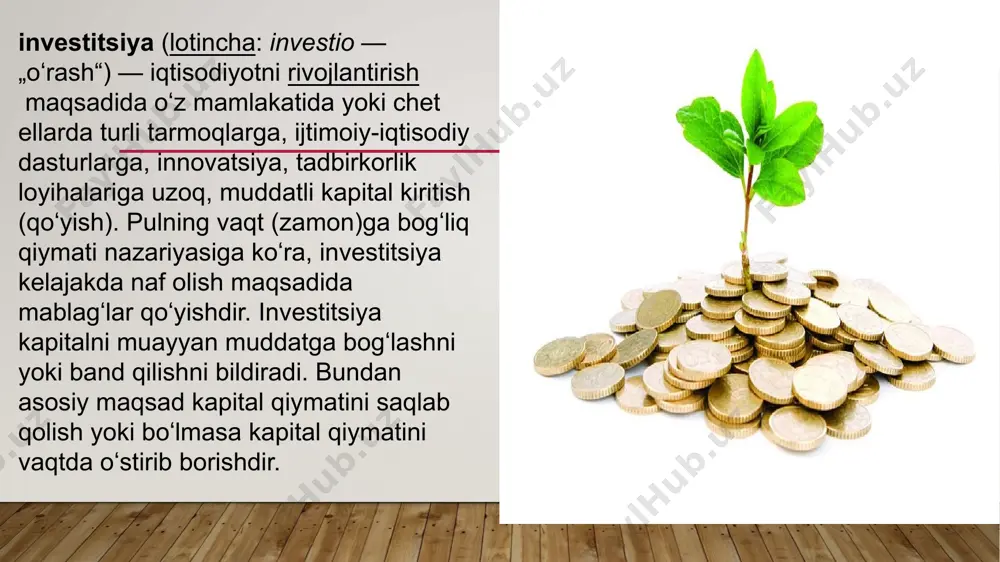 kllarida amalga oshiriladi. jahon tajribasida investitsiyani moliyalashtirish turli usul va shakllarda, shu jumladan, korxonalarni aksiyadorlashtirish va aksiyalarni joylashtirish, byudjet mablagʻlari, bank kreditlari, lizing, bevosita chet el investitsiyalari, ipoteka, byudjetdan tashqari maxsus fondlar, amortizatsiya va xoʻjalik yuritish subʼyektlarining boshqa mablagʻlari hisobiga amalga oshiriladi. keyingi davrda xalqaro iqtisodiy munosabatlarda investitsion hamkorlik rivoj topdi. bunday hamkorlikning real, moliyaviy, intellektual (litsenziyalar, nou-xauni berish, hamkorlikda bajariladigan ilmiy ishlanmalar va b.ga mablagʻ sarflash) koʻrinishlari bor. investitsion hamkorlik umumjahon va milliy muammolarni hal qilishga xizmat qiladi. jahondagi bevosita investitsiya faol oʻsib bormoqda: 1980-yillar oʻrtalarida jahon boʻyicha umumiy yillik investitsiya hajmi 450 milliard dollarni tashkil qilgan boʻlsa, 1990-yillar oʻrtalariga kelib investitsiya hajmi 2 trillion dollardan oshdi. oʻzbekiston respublikasida bozor iqtisodiyotiga oʻtish davrida respublika iqtisodiyotida tuzilmaviy oʻzgarishlarni amalga oshirishda investitsiyadan samarali foydalanilmoqda. oʻzrda 1996-yildan boshlab respublika hukumati har yili davlat byudjeti va byudjetdan tashqari fondlar mablagʻlari hisobidan kapital qoʻyilmalar limitlari, chet el investitsiyalari va hukumat kafolati bilan olingan kreditlar …