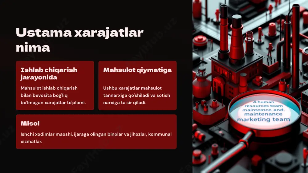 'g'ri taqsimlash usulini tanlash xarajatlarni aniq hisoblashga va biznesni to'g'ri boshqarishga yordam beradi. xarajatlarni guruhlash va tartiblash 1 turga ko'ra to'g'ridan-to'g'ri va ustama xarajatlar. 2 funktsiyaga ko'ra ishlab chiqarish, ma'muriy va savdo xarajatlari. 3 vaqt oralig'iga ko'ra oylik, choraklik va yillik xarajatlar. 4 manbaga ko'ra xom ashyo, ish haqi va boshqa xarajatlar. xarajatlarni to'g'ri guruhlash va tartiblash hisob-kitoblarni osonlashtiradi, tahlilni aniqroq qiladi va boshqaruv qarorlarini samaraliroq qilishga yordam beradi. e'tiboringiz uchun rahmat image1.png image2.png image3.png image4.png image5.png image6.png image7.png image8.png image9.png image10.png image11.png image12.png image13.png image14.png image15.png image16.png image17.png image18.png image19.png