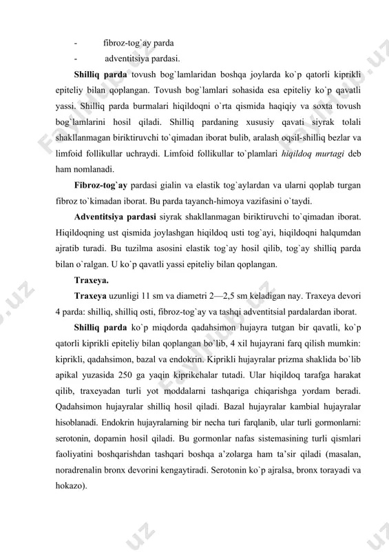 a ochiladi. traxeyaning fibroz-tog`ay pardasi traxeyaning orqa devorida tutashmagan, 16—20 ta gialin tog`ay halqalaridai tuzilgan. bu halqalarning erkin oxirlari silliq mushak tutamlari orqali birlashgan bo`ladi. mushak hujayralari, asosan, aylana yo`nalishga ega bo`lsa-da, ularning ayrimlari bo`ylama joylashgan. traxeyaning tog`aydan holi bo`lgan bu qismi membranoz deb ataladi. bu qismning borligi uchun traxeyaning orqa devori elastikdir. bu muhim ahamiyatga ega, chunki traxeyaning ortida qizilo`ngach joylashadi. qizilo`ngachdan o`tayotgan ovqat luqmalari traxeyaning tog`ay qism tomonidan qarshilikka uchramaydi. traxeyaning tashqi — adventitsial pardasi ko`p miqdorda limfa va qon tomirlar tutuvchi siyrak tolali shakllanmagan biriktiruvchi to`qimadan tashkil topgan. o`pka. o`pka havo o`tkazish yo`llari, bronx daraxti va nafas olish sistemasining respirator bo`limi — alveolalar sistemasidan tuzilgan. o`pkaning bronx daraxti. traxeya chap va o`ng bosh bronxlarga bo`linib, ular o`z navbatida o`ng o`pkada uch, chap o`pkada esa ikki bo`lak bronxlarga bo`linadi. bronx devori bronx daraxti bo`ylab bir xil tuzilishga ega emas. bronx diametrining kichrayishi bilan uning tuzilishi o`zgarib boradi. bronxlarning …