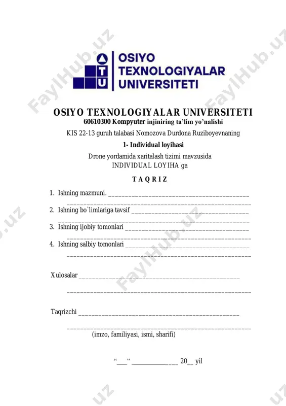 o‘llanilmoqda. jumladan, geoinformatsion tizimlar (gis), xaritalash, qurilish, qishloq xo‘jaligi va atrof-muhitni monitoring qilish sohalarida uchuvchisiz uchish qurilmalari — dronlar tobora keng qo‘llanilmoqda. an’anaviy xaritalash usullari ko‘p vaqt va kuch talab qilgan bo‘lsa, zamonaviy dronlar yordamida bu jarayon ancha tez, aniq va samarali bajarilmoqda. dronlar yuqori sifatli kamera, gps, sensorga ega bo‘lib, turli balandliklarda parvoz qilib, kerakli hududlarni aniq suratga olish imkonini beradi. ushbu rasm va ma’lumotlar maxsus dasturiy vositalar yordamida qayta ishlanib, 2d yoki 3d xaritalar, ortofotolar, va boshqa raqamli model shakllarini yaratish imkonini beradi. bu texnologiya ayniqsa, qurilish ob’ektlarini nazorat qilish, yo‘l infratuzilmasini rejalashtirish, qishloq xo‘jaligida ekin maydonlarini kuzatish kabi vazifalarda o‘zining yuksak samaradorligini ko‘rsatmoqda. mazkur loyihada biz dron yordamida xaritalash tizimini ishlab chiqish, uning nazariy asoslarini o‘rganish va amaliy qo‘llanilishini tahlil qilishni maqsad qilganmiz. loyiha doirasida ishlatiladigan texnologiyalar, dasturiy ta’minotlar, xaritalash bosqichlari va yakuniy natijalar muhokama qilinadi. loyihaning asosiy maqsadi – zamonaviy dron texnologiyasi yordamida aniq, tez va …