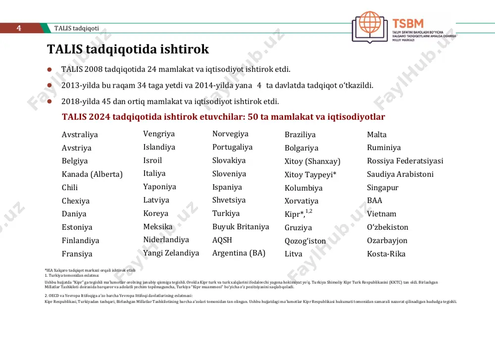 aqtni haftaga taqsimlash to‘g‘risida qaror qabul qiladi, shu jumladan o‘qituvchining sinf va darsdan tashqari ishlari uchun sarflagan vaqtlarni ham inobatga oladi. italiyada esa o‘qituvchi yiliga 80 soatgacha hamkasblari bilan darsdan tashqari ishlarga vaqt ajratishi lozim, shundan 40 soatini pedagogik kengash va ota - onalar bilan uchrashuvlarga, qolgan 40 soatini esa o‘quvchilar bilan uchrashuvlarga ajratish kerak bo‘ladi.  finlandiyada o‘qituvchilarning ish haftasi davomiyligi eng qisqa vaqtlardan biri – haftasiga 33 soat (oecd, 2019[4]). boshlang‘ich va o‘rta maktab o‘qituvchilari o‘qishga har yili oecd o‘rtacha ko‘rsatkichidan 100 soat kamroq sarflaydi. boshqa barcha vazifalar uchun (darsdan oldingi va keyingi ishlar, maktabni rivojlantirish, hamkasblar va ota-onalar bilan jamoaviy ishlash) jamoa shartnomasida boshlang‘ich sinf o‘qituvchilari uchun haftasiga uch soatlik ish va o‘rta maktab o‘qituvchilari uchun ikki haftada uch soat belgilangan. talis tadqiqoti iqtisodiy hamkorlik va taraqqiyot tashkiloti (oecd) mamlakatlarida o‘qituvchilarning ish vaqtini tartibga solish o‘qituvchilarning deyarli uchdan bir qismi o‘qituvchilik kasbi o‘z mamlakatida kasb sifatida qadrlanadi …