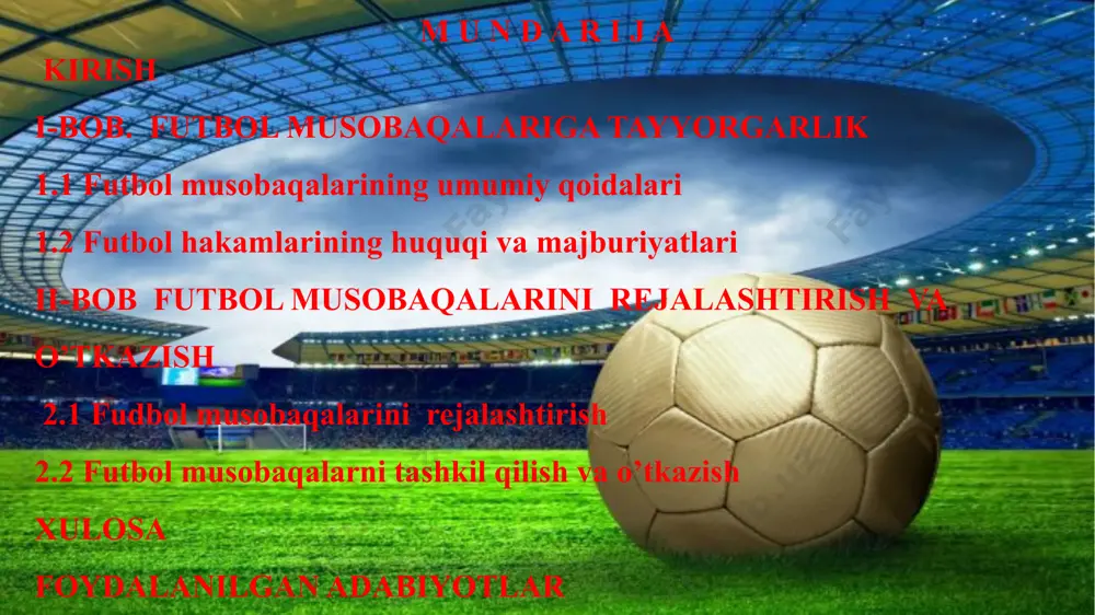 kerak. www.arxiv.uz ishning maqsadi – futbol musoboqalarini o’tkazishda musoboqa turlarini aniqlab davrali tizim, mag’lubiyatdan keyin o’yindan chiqib ketish tizimi, ikki mag’lubiyatdan keyin o’yindan chiqib ketish tizim va aralash tizimlarda musoboqalarni tashkil qilish va o’tkazish o’rganishdan iborat. tadqiqot ob’ekti - “nasaf” pfk ga qarashli nishon tuman futbol maktabi 2002-2003 yil tug’ilgan bolalar futbol guruhi. ilmiy ishning yangiligi- o’zbekistonda yosh iqtidorli fudbolchilarni musobaqalarga toyyorlash maqsadi va vazifalari. ilmiy tadqiqot metodlari: tadqiqotda qo’yidagi ilmiy tadqiqot metodlaridan foydalanildi: kuzatish, anketa, intervyu,suhbat ekspriment. nazariy va amaliy ahamiyati: chiqib ketish tizimida futbol musoboqalarini tashkil qilish va o’tkazish orqali o’quvchilarni ushbu sport turiga bo’lgan qiziqishini yanada oshirish, ularga futbol musoboqalarini tashkil qilish va o’tkazish metodikasini o’rgatish, hakamlik amaliyoti bilan tanishtirish, maktab jamoasini, yosh futbolchi bolalar va qizlarni futboliga qiziqtirish va jalb qilishdan shu bilan birga maktab futbol jamoasini shakllantirib shahar, viloyat va “umid nihollari” va viloyat respublika musoboqalariga ularni tayyorlashdan iborat. www.arxiv.uz i-bob. futbol musobaqalariga tayyorgarlik 1.1 …
