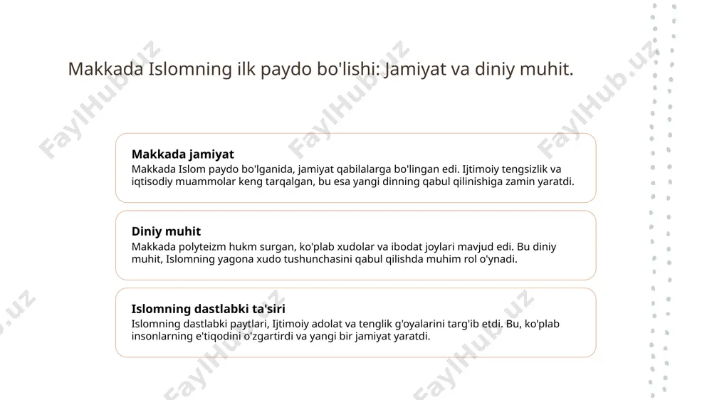 musulmonlar uchun hayotiy qo'llanma sifatida xizmat qiladi va jamiyatni birlashtiradi. foydalanilgan adabiyotlar 1. islom dini tarixi. buxoro, 2020. 2. payg'ambar muhammad va xalifalik. toshkent, 2021. 3. qur'on va hadis: islomning muqaddas manbalari. samarqand, 2019. 4. islom dinining rivojlanishi va tarixi. tashkent state university press, 2022. 5. muhammad: islom payg'ambari va uning merosi. o‘zbekiston milliy universiteti, 2023. e'tiboringiz uchun rahmat! /docprops/thumbnail.jpeg