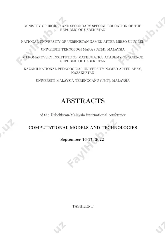 cs. computing technology; 2. applied mathematics. applied statistics. engineering mathematics and technologies. fuzzy analysis; 3. mathematical modelling. hydrodynamics; 4. theory of function. computational algebra. c©national university of uzbekistan, university street 4, tashkent 100174, uzbekistan table of contents welcome address . . . . . . . . . . . . . . . . . . . . . . . . . . . . . . . . . . . . . . . . . . . . . . . . . . . . . . . . . . . . . . . . . . . . . . . . . . . . . . . . . . . 7 organizing committee . . . . . . . . . . . . . . . . . . . . . . . . . …