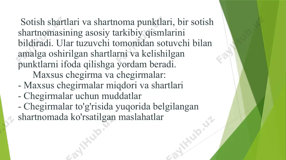 summa, valyuta yoki boshqa birlarda ifodalangan bo'lishi mumkin. 2. to'lov usullari: to'lovning qanday usullarda amalga oshirilishi belgilanadi. masalan, naqd pul, bank hisobi orqali o'tkazmalar, elektronik to'lov tizimlari, kredit kartalari, to'lov qog'ozlari kabi. 3. to'lov muddati: to'lovning qaysi muddatda amal qilishi belgilanadi. muddat to'lovning yaxlitashuvchi tarkibiy qismini tashkil etadi. ba'zilar uchun to'lovlar tezkor muddatda amalga oshirilishi lozim bo'lishi mumkin, chunki harajatlar tezkor to'lanishi zarur bo'lgan holatlarda. 4. to'lovning qabul qilinadigan shartlari: shartnomada to'lovni qabul qilishning shartlari ko'rsatiladi. masalan, to'lov miqdorining qanday vaqt ichida to'lanishi. shartnomaning maqsadi, shartnoma qiluvchilar (kontraktning tomonlari) o'rtasida o'zaro aloqalarini tartibga solish, kelajakdagi amallarni belgilash va tartibga solish, aniq shartlar va muddatlarni belgilash va shartnomada aks ettirilgan to'lov, xizmat yoki buyurtma shartlarini bajarishni ta'minlashdir. shartnoma maqsadlari esa quyidagilar bo'lishi mumkin: o'rtacha kelishuv: shartnoma, kelishuvga keladigan tomonlar o'rtasida bir xil tushuncha va maqsadni amalga oshirishga yordam beradi. ushbu kelishuvda to'lov shartlari, xizmat yoki mahsulot yetkazish muddati, yuk ma'lumotlari va …