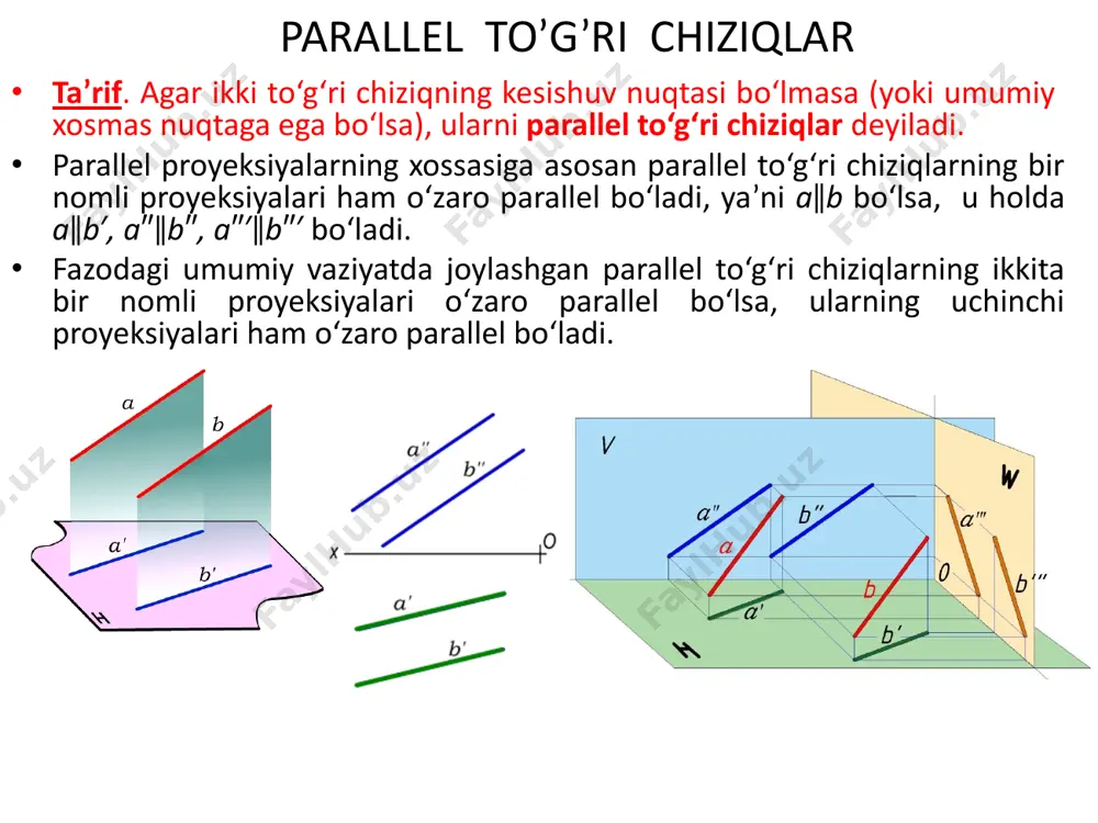 va o‘zaro parallel bo‘ladi. kesishuvchi to‘g‘ri chiziqlar ta’rif. agar ikki to‘g‘ri chiziq fazoda umumiy bir (xos) nuqtaga ega bo‘lsa, ularni kesishuvchi to‘g‘ri chiziqlar deyiladi. fazodagi to‘g‘ri chiziqlar kesishish nuqtasining proyeksiyasi shu to‘g‘ri chiziqlar proyeksiyalarining kesishish nuqtasida bo‘ladi (3.19-rasm). kesishuvchi to‘g‘ri chiziqlarning bir nomli proyeksiyalari ham chizmada o‘zaro kesishadi va kesishish nuqta proyeksiyalari bir proyeksion bog‘lovchi chiziqda bo‘ladi. fazoda umumiy vaziyatda kesishuvchi to‘g‘ri chiziqlar berilgan bo‘lsa, bu to‘g‘ri chiziqlarning faqat ikkita bir nomli proyeksiyalarining kesishishi kifoya qiladi. agar kesishuvchi chiziqlarning biri proyeksiyalar tekisligining birortasiga parallel bo‘lsa, u holda ularning ikkita bir nomli proyeksiyalarining o‘zaro kesishuvi yetarli bo‘lmaydi. masalan, ab va ef to‘g‘ri chiziq kesmalarining biri ef kesma w tekislikka parallel joylashgan (3.19,v-rasm). bu chiziqlarning o‘zaro vaziyatini ularning profil proyeksiyalarini yasash bilan aniqlash mumkin. agar kesishish nuqtasining proyeksiyalari bir bog‘lovchi chiziqda joylashsa, bu to‘g‘ri chiziqlar o‘zaro kesishadi, aks holda to‘g‘ri chiziqlar kesishmaydi. ayqash to‘g‘ri chiziqlar ta’rif. ikki to‘g‘ri chiziq o‘zaro parallel bo‘lmasa …