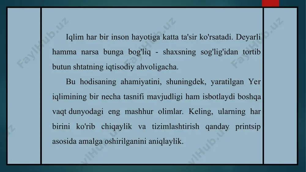 koʻp yillik maromi, yaʼni biron joyda boʻladigan obhavo sharoitlarining majmui va mavsumiy geografik oʻzgarishi; quyosh radiatsiyasi, yer toʻshama sirti xususiyatlari hamda ular bilan bogʻliq atmosfera dirkulyasiyasi taʼsirida vujudga keladi. har bir joy i.i uning boshqa joylardagi i.ga nisbatan oʻziga xos xususiyatlari haqida koʻp yillik meteorologik kuzatishlar natijasidagina toʻla tasavvurga ega boʻlish mumkin. i. atmosfera va faol qatlam (yer yuzasi)da betoʻxtov davom etadigan tabiiy (i. hosil qiluvchi) jarayonlar (issiqlik, kinetik va b. shakldagi energiyalarning oʻzgarishlari, suvning bugʻlanishi, suv bugʻining suyuklikka aylanishi, namning bir joydan ikkinchi joyga koʻchishi va h. k.) natijasidir. yer sharining turli nuktalarida i.ning turlicha boʻlishi i. hosil qiluvchi omillarning har xil boʻlishiga, yaʼni bu jarayonlar sodir boʻladigan oʻsha geografik sharoitlarga bogʻliq. geografik omillardan eng muhimlari joyning kengligi va balandligi, dengiz sohiliga yaqin-uzokligi, orografiya va oʻsimlik qoplamining xususiyatlari, qor va muzning bor-yoʻqligi, atmosferaning ifloslanganlik darajasi hisoblanadi. bu omillar kengliklar boʻylab turli i.larning shakllanishiga sabab boʻladi. sayyora notekis qizib ketishi …