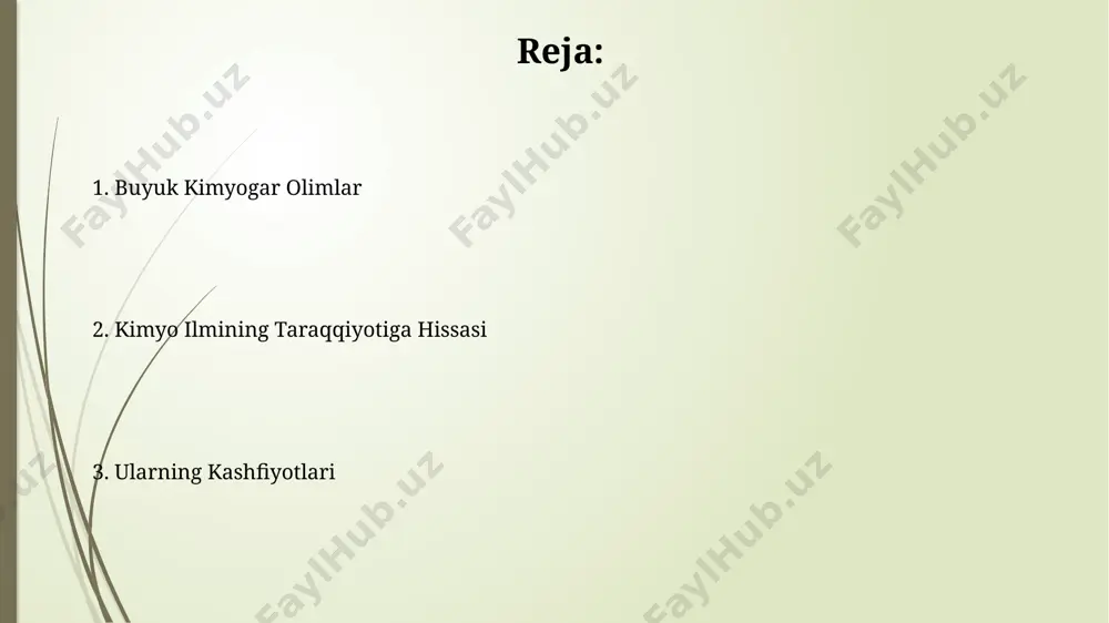 yo (1911) bo'yicha mukofot olgan. buyuk kimyogar olimlar mariya kyuri, radioaktivlik bo'yicha tadqiqotlari bilan mashhur bo'lib, poloniy va radiy elementlarini kashf etgan va ikkita nobel mukofotiga sazovor bo'lgan birinchi ayol bo'lgan. jabir ibn hayyon, taxminan 8-asrda yashagan arab olimi, kislotalar, asoslar va tuzlarni o'rganishga katta hissa qo'shgan va 200 dan ortiq asar yozgan. dmitri mendeleev mendeleyev, kimyoviy reaksiyalar termodinamikasiga oid tadqiqotlar olib borgan va suyuqliklarning sirt tarangligi bo'yicha muhim hisob-kitoblarni amalga oshirgan. mendeleyev davriy jadvalini yaratishda 63 ta elementni, ularning atom massalari va xossalari asosida joylashtirgan, bu esa keyinchalik yangi elementlarni bashorat qilish imkonini bergan. john dalton dalton rang ko'rligi bilan og'rigan va bu holat daltonizm deb ataladigan kasallikni o'rganishga olib kelgan, bu esa genetik kasalliklarni tushunishga hissa qo'shdi. jon dalton 1803-yilda atomlar haqidagi o'zining atom nazariyasini taqdim etdi, bu nazariya moddaning eng kichik bo'linmas birliklari atomlar ekanligini va ularning turli xil elementlarda turli xil massalari borligini ta'kidladi. linus pauling …