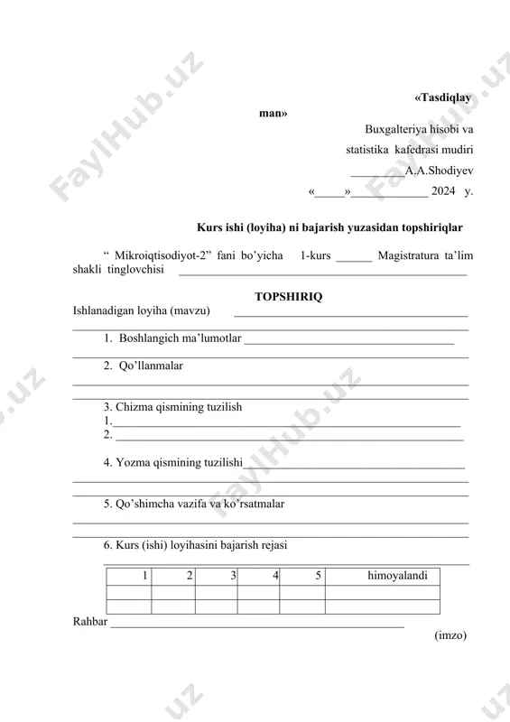 0. ishning qo’yilgan talab darajasiga mos kelishi to’g’risida umumiy xulosa _________________________________________________________________________________________________________________________________________________________ taqrizchining (f.i.sh.) ish joyi, unvoni__________________________________________________________________ imzo «_____»______________2024 yil