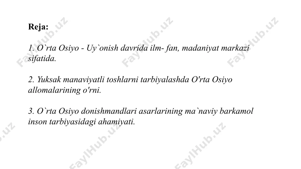 bo`lgan munosabatlarida, ahloqiy va estetik qarashlarida islomning ta`siri kuchli edi. shunga qaramay, etik qarashlarda inson bu dunyoning eng oliy zoti deb qaraladi. o`rta osiyo mutafakkirlari olam va narsalarning qadr- qimmatini insoniylik bilan belgiladilar. insonparvarlik `oyalari etnik sistemalarda yangi va yuqori bosqichga ko`tarildi. o`rta asr sharqining buyuk mutafakkiri, qomusiy olim abu nasr muhammad tarhan forobiy (873-950) dir. o` o`z dunyoqarashida davrning il`or `oyalarini ifodalaydi. o`rta osiyo va sharq mamlakatlarida il`or ijtimoiy- falsafiy fikrning rivojlanishida muhim rolь o`ynaydi. forobiy "davlat haqida risola", "ideal shahar aholsining fikrlari", "baht- saodatga erishuv haqida", "aql ma`nolari haqida risola", "grajdanlik siyosati" va boshqa 200 dan ortiq asarlarida o`z davri uchun izchil hisoblangan ijtimoiy hayotning ko`p masalalariga oid ta`limot yaratdi. forobiy o`zining "ideal shahar aholisining qarashlari" asarida o`z davri uchun eng il`or bo`lgan ma`rifatparvarlik, insonparvarlik `oyalarini ilgari suradi. mutafakkirning talqinicha falsafa, jamiyat haqida fanga nazariy asos berishi hamda odamlarning va jamiyatning baht- saodatga erishuviga ko`maklashishi zarur. biroq nazariy …