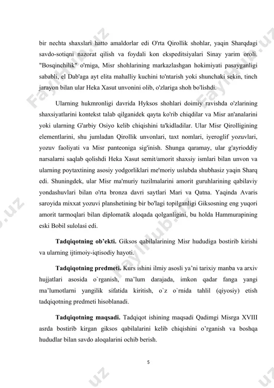 arixshunoslik o’tmishda kechgan va bugungi kunda sodir bo’layotgan voqea-hodisalarning odamlar ongida qanday aks etishini, tarixiy adabiyotlar orqali ijtimoiy-tarixiy rivojlanish jarayonini kuzatish, jamiyat tarixiy rivojining turli bosqichlarida tarixiy bilimlarining o’sib borishi jarayonini kuzatish imkonini beradi. boshqacha aytganda ma’lum bosqich yoki davrda tarix fanining rivojini jamiyat taraqqiyotining asosiy yo’nalishi bilan bog’liqlikda ifodalaydi. shuningdek fan taraqqiyotida o’z o’rniga ega bo’lgan markazlar tarixini, unda faoliyat ko’rsatgan ilmiy kadrlarning salohiyati ularning fan rivojiga qo’shgan hissalarini o’rganish kabi vazifalarni ham bajaradi. tadqiqot natijalarining nazariy va amaliy ahamiyati. muayyan ijtimoiy hodisani haqiqat deb bilgan odam unga imon keltiradi, ya'ni ishonadi va bu ishonchi (haqiqati) ro'yobga chiqishi uchun kurashadi, hatto hayotini ham unga bag'ishlaydi. biroq u qabul qilgan va to'g'riligiga qattiq ishongan, e'tiqod qilgan va ixlos ko'ygan "haqiqat" ko'pincha sarob ekanligi ayon bo'lgach, pushaymon eydi, ammo keyingi pushaymon o'ziga dushman bo'lib qoladi. giksoslar misrda o'z o'rnini topgan semit xalqi edi v. miloddan avvalgi 1782-yil avaris shahrida quyi misr, …