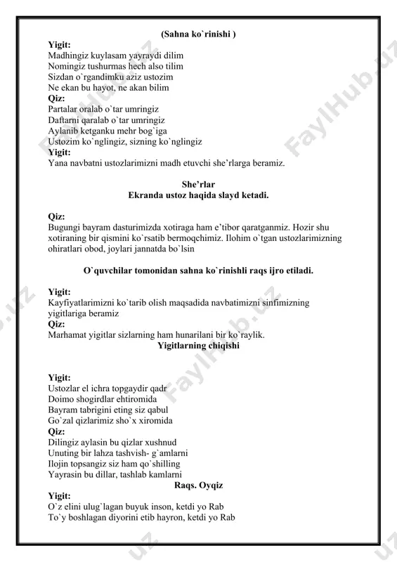 tlarimizni ko`tarib olish maqsadida navbatimizni sinfimizning yigitlariga beramiz qiz: marhamat yigitlar sizlarning ham hunarilani bir ko`raylik. yigitlarning chiqishi yigit: ustozlar el ichra topgaydir qadr doimo shogirdlar ehtiromida bayram tabrigini eting siz qabul go`zal qizlarimiz sho`x xiromida qiz: dilingiz aylasin bu qizlar xushnud unuting bir lahza tashvish- g`amlarni ilojin topsangiz siz ham qo`shilling yayrasin bu dillar, tashlab kamlarni raqs. oyqiz yigit: o`z elini ulug`lagan buyuk inson, ketdi yo rab to`y boshlagan diyorini etib hayron, ketdi yo rab yutuqlardan quvonchini yuragiga sig`dorlmay yaratga aytmoq uchun ulug xoqon, ketdi yo rab qiz: omon boring buzrukvorim, rizo bo`ling xalqingizdan sizga loyiq bo`lgan har bir mard o`g`lu- qizingizdan unutmaymiz sizni also ko`zdek asrab shu vatanni ming rozimiz, ming rozimiz, ming rozimiz ota sizdan. yigit: aziz do`stlar barchamizga ma’lumki, boshimizga og`ir musibat tushdi. mustqalligimiz asoschisi, bizning birinchi prezidentimiz islom abdug`aniyevich karimov bu yorug` olamni tark etdi. lekin u bizga shunday jannatmakon yurtni barpo etib ketdilar. qiz: …