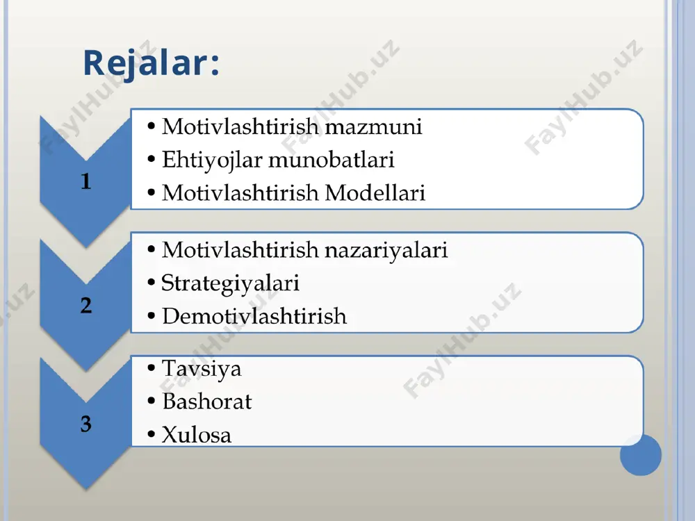 il (meh.xiz.-nat.) (nat.-rag’) (qiymat) (m)=(mx-n)(n-r)q nazariya: x (iks) va y (igrek) nazariyasi: muallifi: amerikalik ruhshunos d.mak gregor bu nazariya boshqaruvchi va xodimlarning mehnatga bo’lgan munosabatini ifodalaydi… x (iks) nazariyasi: ishlashni xoxlamaydi, javobgarlikdan qochadi, tabiatan yalqov, ishyoqmas insonlardir y(igrek) nazariyasi: kishilarga ishonib, qobiliyatlarini rivojlantirib, qoniqish xosil qiluvchi muhimliklarni xis qiluvchi insonlar motivlashtirish strategiyasi: 3 ta yondoshuv mavjud: rag’batlantirish va jazo, ya’ni kishilar mukofot olish uchun ishlaydilar... kim ko’p va yaxshi ishlasa, unga yaxshi haq to’lanadi; kim undan ko’p ishlasa shunchalik ko’p haq to’lanadi; kim sifatsiz ishlasa, u holda jazolanadi; ish orqali motivlashtirish… xodimga uni qoniqtiradigan ish bersangiz bas, ijro etish sifati yuqori bo’ladi; menejerlar bilan doimo aloqada bo’lish… rahbar bilan xodim o’rtasidagi munosabatni tahlil qilish va unga ustuvorlik berishga asoslangan; demotivlashtirish demotivlashtirish – bu motivlashtirishga teskari harakat qilish, imkon boricha bilar-bilmas holda xodimlarning tashabbusini bo’g’ish, ular bilan hisoblashmaslik, ularni doimo qo’rquv va ikkilanish holatida o’zini tutishga majbur etish kabi nomaqbul xatti-harakatlar …