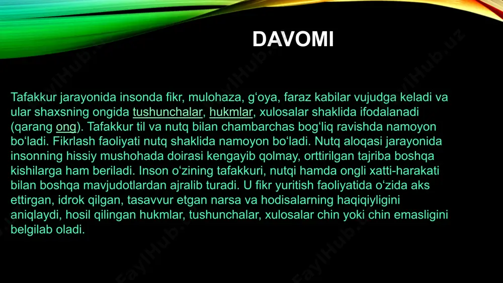 noo'rin umumlashtirish va boshqalar. 12 xulosa va amaliy tavsiyalar mantiq - bu to'g'ri fikrlash va xulosalar chiqarish uchun muhim vositadir. tushuncha, hukm va xulosa kabi tafakkur shakllarini tushunish mantiqiy tafakkurni rivojlantirish uchun zarurdir. deduktiv, induktiv va analogik xulosalar turlarini bilish bizga turli vaziyatlarda to'g'ri qarorlar qabul qilishga yordam beradi. mantiqiy xatoliklardan qochish esa noto'g'ri xulosalarga olib keladigan tafakkurdagi kamchiliklarni bartaraf etishga imkon beradi. 13 image7.jpeg image8.png image9.png image10.png image11.png image12.png image13.png image14.png image1.png image3.png image5.png