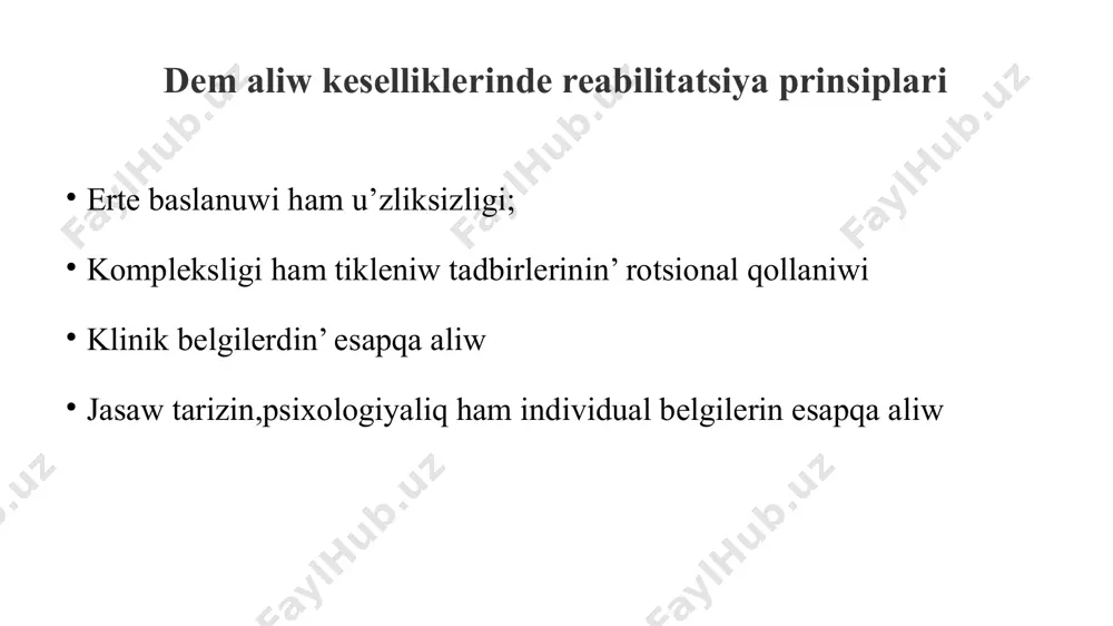 lıw mexanizmlerin jaqsılaw reabilitatsiya programmasına dietalı emlew, dtt hám fizioterapiya, dáriler, psixoterapiya elementlerin kirgiziw kerek. lfkga qarsı kórsetpeler: ulıwma qarsı kórsetpeler keselliktiń ótkir dáwiri dene temperaturasınıń eliriwi qan tógiw yamasa ókpelerden qan ketiw qáwipi tromboemboliya qáwipi minutada 25 ten kóp bolǵan dem alıwdıń iii dárejesi bronxdagi absess yorilgunga shekem tolıq ókpe atelektasi fizikalıq reabilitatsiya qısqa múddetlerde, nawqastıń jaǵdayı turaqlılashganda, temperaturası subfebril nomerlerge shekem túskende, záhárleniw belgileri azayǵanda tayınlanadı. ddtning tiykarǵı quralı retinde fizikalıq shınıǵıwlar, tábiyaattıń tábiyiy faktorları ; qosımshalardan mexanoterapiya, massaj, velosiped yamasa juwırıw trotuarı ulıwma hám arnawlı dem alıw shınıǵıwları keń qollanıladı. ulıwma bekkemlew shınıǵıwları nawqastıń jaǵdayına hám háreketleniwdiń saylanǵan usılına qaray bulshıq etlerdiń túrli toparları ushın statikalıq hám dinamikalıq boladı. korpus hám ekstremitet bulshıq etleri ushın shınıǵıwlar, iyiw, búklem, gimnastika snaryadlari menen shınıǵıwlar kiritilgen, organlar hám sistemalardıń qan hám limfa támiynatın jaqsılawǵa, olardıń islewin jaqsılawǵa, dem alıw hám almaslaw processlerin aktivlestiriwge, fizikalıq shıdamlılıqtı asırıwǵa járdem beredi . dem …