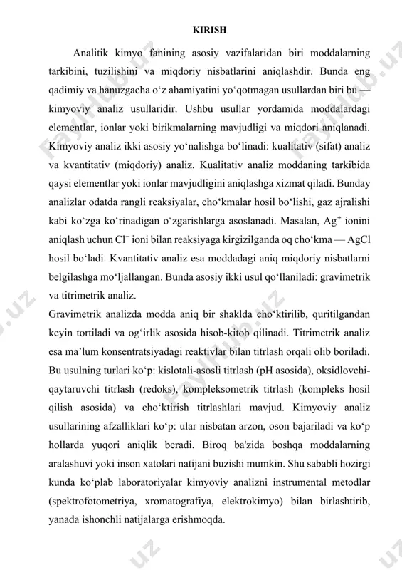 moddaning konsentratsiyasi ma’lum bo‘lgan eritma bilan reaksiyaga kiritilishi orqali aniqlanadi. titrlash jarayonida indikatorlar yordamida ekvivalent nuqta aniqlanadi. bu klassik usullar yuqori aniqlik, qulaylik va yetarli soddalik bilan ajralib turadi, ammo vaqt va ishchi mehnat talab qiladi. shu sababli hozirgi davrda ularning zamonaviy texnologiyalar bilan uyg‘unlashuvi muhim ahamiyat kasb etmoqda. kimyoviy analizning zamonaviy texnologiyalari zamonaviy kimyoviy analiz usullari yuqori aniqlik, sezuvchanlik va tezlikni ta’minlaydi. bu usullar, asosan, instrumental metodlarga asoslanadi: · spektrofotometriya – nur yutilishini o‘lchash orqali moddaning konsentratsiyasini aniqlaydi. uv-visible spektrofotometriya keng qo‘llaniladi. · atom-absorbsion spektroskopiya (aas) – metallarni juda kichik miqdorlarda aniqlashga imkon beradi. · xromatografiya (gaz, suyuqlik, ion) – murakkab aralashmalarni tarkibiy qismlarga ajratish va aniqlashda qo‘llaniladi. oziq-ovqat va farmatsevtika tarmoqlarida keng qo‘llaniladi. · mass-spektrometriya – molekulalarning massasini va tuzilishini aniqlash imkonini beradi. · nmr spektroskopiya – organik va noorganik birikmalarning tuzilmasini aniqlashda muhim rol o‘ynaydi. · ir (infraqizil) spektroskopiya – molekulalardagi funksional guruhlarni aniqlash uchun ishlatiladi. amaliy …