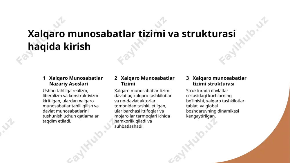 arning roli egemenlik va o'zgarish huquqi xalqaro diplomatiya va muzokaralar xavfsizlik va mudofaa davlatlar xalqaro tizimdagi o'zining mustaqilligini va o'zgarishsizligini saqlashda asosiy rol o'ynaydilar, ichki va tashqi siyosat bo'yicha mustaqil qarorlar qabul qilishadi. davlatlar xalqaro diplomatiya va muzokaralar bilan shug'ullanishadi, ularning milliy manfaatlari uchun shartnomalar imzolash, ittifoklar tuzish va ko'p tomonlama tashkilotlarda ishtirok etish kabi amallarni am davlatlar o'z hududlarining xavfsizligini va himoyasini ta'minlashdan mas'ul, oftob harbiy imkoniyatlar va diplomatik harakatlar orqali munosabatlarini boshqarish va tinchlikni saqlash uchun urushlarni bosh xalqaro munosabatlar tizimida no-state aktivlar xo'jalik tashkilotlari (xto) amnesty international va greenpeace kabi nongovernmental tashkilotlar xalqaro sahnada odamlar huquqlarini va atrof-muhitni himoya qil ko'p millatli korporatsiyalar kompaniyalar, apple va coca-cola kabi, uluslararaso munosabatlar ustida katta ta'sirga ega bo'lib, ularning global operatsiyalari va iqtisodiy kuchlari orqali, oftan siyosat va savdo shartnomalarni shakllantirish terrorist tashkilotlar isis va al-qaeda kabi guruhlar, zulm va qo'rqinchli taktikalari bilan xalqaro munosabatlar ustida kuchli ta'sir q xalqaro …