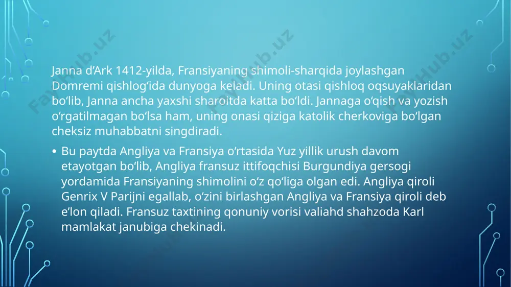 roliga bo‘ysungan fransuzlar o‘zlarining yangi rahnamosi uchun kurashishni boshladi. yuz yillik urush xarakteri o‘zgarib, endilikda urush taxt uchun emas, ozodlik uchun kurashga aylanadi. janna d’ark burgundiya gersogi flipp iii ga ham xat yuborib, yarashishni taklif qiladi. marosimdan so‘ng janna qirolga ustunlikni boy bermasdan tezroq parijni egallash kerakligini aytadi, biroq karl yaqinlarining jannaning qudrati tobora ortib borayotgani haqidagi ogohlantirishlari sabab yurishni kechiktiradi. 1429-yil sentabrda parij qamal qilinadi, ammo yurish muvaffaqiyatsiz tugab, janna jarohat oladi. qirol unga qamalni to‘xtatib, ortga qaytishni buyuradi. 1430-yil bahorida harbiy harakatlar qayta tiklanadi. jannaning o‘zi saroy ahli tomonidan muntazam ravishda tazyiqlarga uchrardi. shu yilning may oyida qirol unga burgundiyaliklar tomonidan qamal qilinayotgan kompen qa’lasini ozod qilish vazifasini topshiradi. 14-may kuni xoinlik natijasida (shahar darvozasi ko‘priklari ko‘tariladi va janna tashqarida qolib ketadi) janna burgundlar tomonidan asir olinadi. qirol karl vii uni qutqarish uchun hech narsa qilmaydi va janna inglizlarga o‘n ming oltin liva(tanga)ga sotib yuboriladi. janna d’ark shuhrati …
