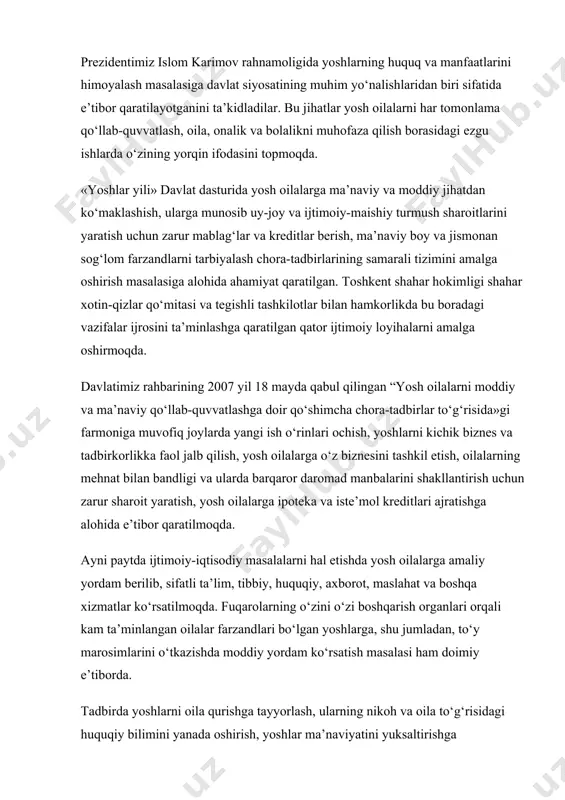 arali tizimini amalga oshirish masalasiga alohida ahamiyat qaratilgan. toshkent shahar hokimligi shahar xotin-qizlar qo‘mitasi va tegishli tashkilotlar bilan hamkorlikda bu boradagi vazifalar ijrosini ta’minlashga qaratilgan qator ijtimoiy loyihalarni amalga oshirmoqda. davlatimiz rahbarining 2007 yil 18 mayda qabul qilingan “yosh oilalarni moddiy va ma’naviy qo‘llab-quvvatlashga doir qo‘shimcha chora-tadbirlar to‘g‘risida»gi farmoniga muvofiq joylarda yangi ish o‘rinlari ochish, yoshlarni kichik biznes va tadbirkorlikka faol jalb qilish, yosh oilalarga o‘z biznesini tashkil etish, oilalarning mehnat bilan bandligi va ularda barqaror daromad manbalarini shakllantirish uchun zarur sharoit yaratish, yosh oilalarga ipoteka va iste’mol kreditlari ajratishga alohida e’tibor qaratilmoqda. ayni paytda ijtimoiy-iqtisodiy masalalarni hal etishda yosh oilalarga amaliy yordam berilib, sifatli ta’lim, tibbiy, huquqiy, axborot, maslahat va boshqa xizmatlar ko‘rsatilmoqda. fuqarolarning o‘zini o‘zi boshqarish organlari orqali kam ta’minlangan oilalar farzandlari bo‘lgan yoshlarga, shu jumladan, to‘y marosimlarini o‘tkazishda moddiy yordam ko‘rsatish masalasi ham doimiy e’tiborda. tadbirda yoshlarni oila qurishga tayyorlash, ularning nikoh va oila to‘g‘risidagi huquqiy bilimini …