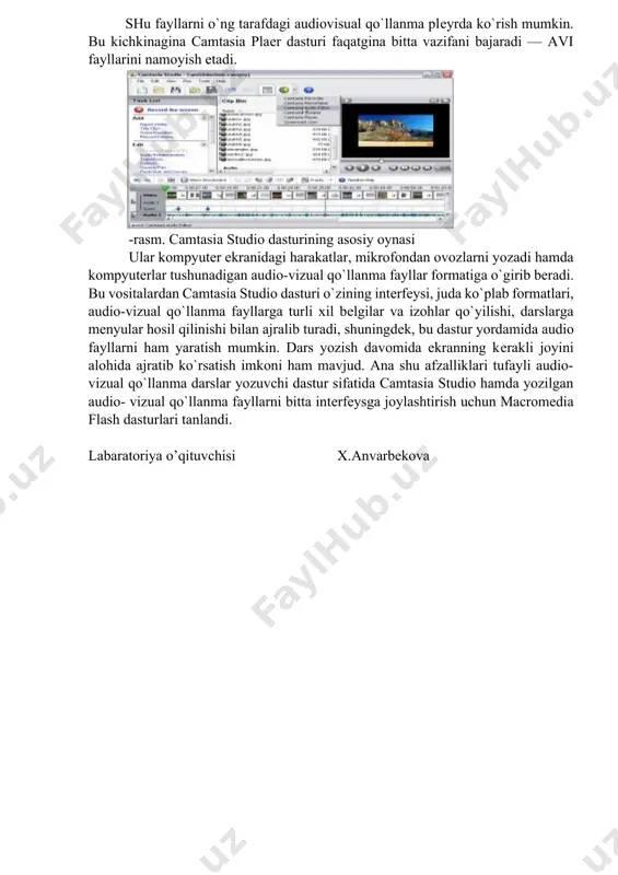 io dasturining asosiy oynasi ular kompyuter ekranidagi harakatlar, mikrofondan ovozlarni yozadi hamda kompyuterlar tushunadigan audio-vizual qo`llanma fayllar formatiga o`girib beradi. bu vositalardan camtasia studio dasturi o`zining interfeysi, juda ko`plab formatlari, audio-vizual qo`llanma fayllarga turli xil belgilar va izohlar qo`yilishi, darslarga menyular hosil qilinishi bilan ajralib turadi, shuningdek, bu dastur yordamida audio fayllarni ham yaratish mumkin. dars yozish davomida ekranning kerakli joyini alohida ajratib ko`rsatish imkoni ham mavjud. ana shu afzalliklari tufayli audio-vizual qo`llanma darslar yozuvchi dastur sifatida camtasia studio hamda yozilgan audio- vizual qo`llanma fayllarni bitta interfeysga joylashtirish uchun macromedia flash dasturlari tanlandi. labaratoriya o’qituvchisi x.anvarbekova image1.png image2.png image3.png
