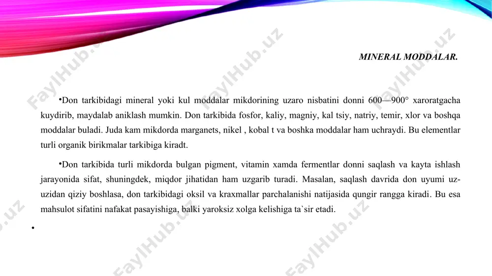 tga ishla­tiladi (un tortiladi, yorma tayyorlanadi). shirin oqjuxori poyasining tarkibida 15 foizgacha kand bor, shuning uchun poyasidan olingan sharbat kiyom tayyorlashda ishlatiladi. sholi yer yuzidagi eng kadimiy ozik-ovkat ekinlaridan xisoblanadi. oklangan guruh tarkibida 75,2 foiz uglevodlar (asosan kraxmal), 7,7 foiz oksil, 0,4 foiz yog, 2,2 foiz kletchatka, 0,5 foiz kul moddalari va 14 foiz suv buladi. guruchning ta`mi yaxshi, sifati yukori bulib, boshka donlarga karaganda inson organizmida bir necha marta tez hazm buladi, shunga kura, parxez taom sifatida kup ishlatiladi. kaynatilgan guruch suvi dori-darmon sifatida kadimdan ma`lum. guruchdan kamdan-kam xolda un tortiladi. tarkibida kleykovinaning yuligi sababli undan non yopilmandi. guruchdan boshqa davlatlarda asosan shirguruch pishi­riladi va birinchi xamda ikkinchi taomlar uchun gar­nir sifatida ishlatiladi. markaziy osiyoda guruchdan aholining eng sevimli millim taomi xisoblangan palov, yevropada pudning, janubiy-sharkiy osiyo mamlakatlarida eng kup tarkalgan taomkari pishiriladi. sholi okshori tarkibida 10—13,7 foiz oqsil, 14 foizgacha yor, kulgina fosforli birikmalar bulib, ularda yosh mollarni …