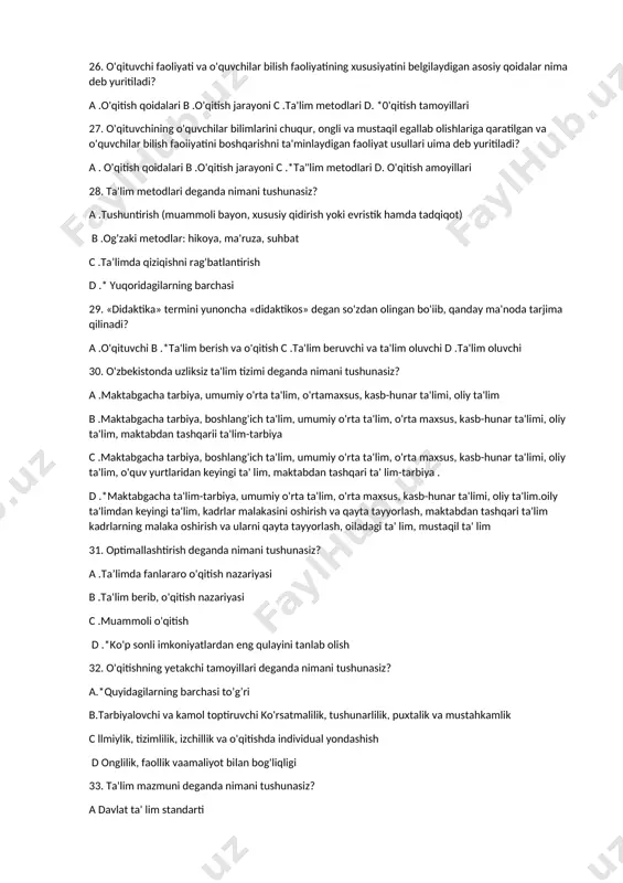 arayonini tashkil etish shakllari pedagogikaning qaysi bo'limiga tegishli? a .tarbiya nazariyasi b .*didaktika c .o'qitish vazifalari d. hamina javob to'g'ri 26. o'qituvchi faoliyati va o'quvchilar bilish faoliyatining xususiyatini belgilaydigan asosiy qoidalar nima deb yuritiladi? a .o'qitish qoidalari b .o'qitish jarayoni c .ta'lim metodlari d. *0'qitish tamoyillari 27. o'qituvchining o'quvchilar bilimlarini chuqur, ongli va mustaqil egallab olishlariga qaratilgan va o'quvchilar bilish faoiiyatini boshqarishni ta'minlaydigan faoliyat usullari uima deb yuritiladi? a . o'qitish qoidalari b .o'qitish jarayoni c .*ta"lim metodlari d. o'qitish amoyillari 28. ta'lim metodlari deganda nimani tushunasiz? a .tushuntirish (muammoli bayon, xususiy qidirish yoki evristik hamda tadqiqot) b .og'zaki metodlar: hikoya, ma'ruza, suhbat c .ta’limda qiziqishni rag'batlantirish d .* yuqoridagilarning barchasi 29. «didaktika» termini yunoncha «didaktikos» degan so'zdan olingan bo'iib, qanday ma'noda tarjima qilinadi? a .o'qituvchi b .*ta'lim berish va o'qitish c .ta'lim beruvchi va ta'lim oluvchi d .ta'lim oluvchi 30. o'zbekistonda uzliksiz ta'lim tizimi deganda nimani tushunasiz? a .maktabgacha …