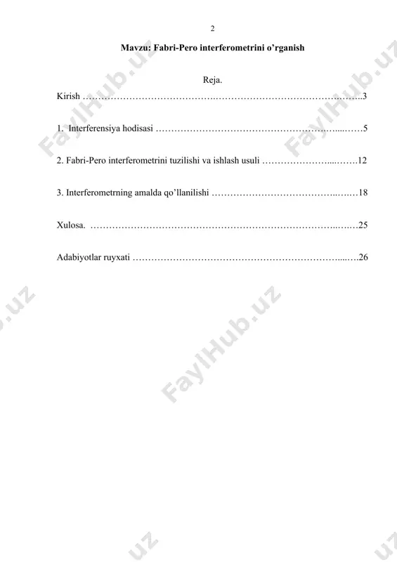 da va ishlab chiqarishda juda keng qо‘llanilishi xaqida malumotga ega bо‘lish. bu hodisa gaz holatidagi moddalarning sindirish kо‘rsatkichlarini, tо‘lqin uzunliklarini, burchaklarni aniq о‘lchash, yuzalarning silliqligini kontrol qilish uchun ishlatilishi xaqida malumotga ega bо‘lish. mavzusining ilmiy ahamiyati: interferometlar, ularning turlari, fabri-pero interferometri, uning tuzilishi va ishlash prinsipiniva qo’lanilish darajasini о‘rganish. tavsiya etilayotgan ushbu kurs ishida zamonaviy optika fani yutiqlaridan, respublikamizning ushbu soxada ishlayotgan taniqli olimlar tajribalaridan, ajdodlarimizning qimmatli merosidan, va ilmiy xodimlarining ilmiy tadqiqot ishlari natijalaridan keng foydalanish nazarda tutiladi ushbu dasturning asosiy vazifalaridan biri ta’lim tizimidagi amalga oshirilayotgan isloxatlar, ijobiy о‘zgarishlar, yoshlarga yaratilayotgan imkoniyatlar tо‘g‘risida muntazam ma’lumotlar berish. yorug‘likning insoniyat о‘z taraqqiyoti davomida bilib olgan va hozirgi kunda ham hammamizga uchrab turadigan sun’iy manbalari (gulxan, gugurt, sham, kerosin lampa va elektr lampalari). quyosh singari doim issiq bо‘ladi. bu manbalardan qizdirilgan holdagina yorug‘lik chiqaradi. shuning uchun ular yorug‘likning issiq manbalari deyiladi. yorug‘lik difraksiyasini kuzatish uchun maxsus sharoitlar yaratish kerak. bunga difraksiya …