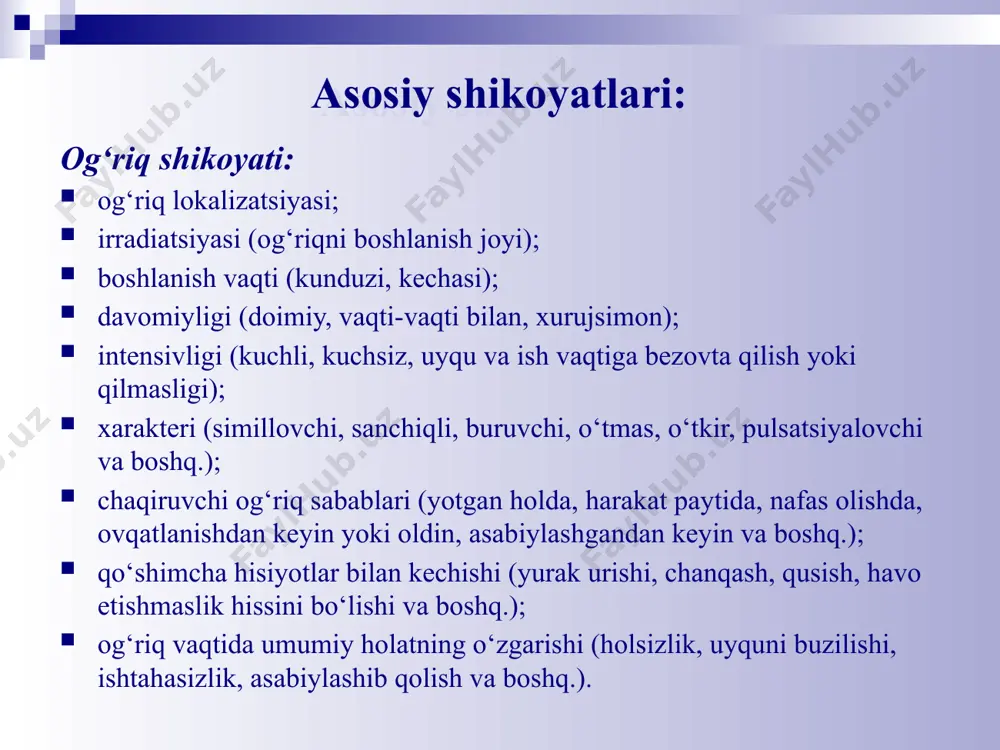 astlabki, taxminiy tashhis quydagilar asosida qo‘yiladi: shikoyatlari; kasallik tarixi; hayot tarixi; bemorni ob’ektiv tekshirishlar natijasi. dastlabki, taxminiy tashhisda aniqlanadi: asosiy kasallikni; asosiy kasallik asoratlarini; qo‘shimcha kasalliklarini. xirurgik bemorlarga maxsus instrumental tekshirishlarni tayinlashda quyidagi qoidalarga e’tibor berish kerak: instrumental tekshirish usullari bemor uchun xavfli bo‘lmasligi; instrumental tekshirishlarga qarshi ko‘rsatmalarni; iloji boricha xavfsiz tekshirish usullarini taklif qilish. tekshirish usullarini ketma-ketligini bemorlarga tekshirish usullarini tayinlashda shifokor eng oddiy usuldan boshlab - qiyinigacha, noinvaziv usullardan boshlab – invaziv usullarigacha bo‘lishi kerak; invaziv tekshirish usullarida teri yoki to‘qima butunligi buziladi; invaziv tekshirish usullariga: angiografiya, biopsiya, diagnostik punksiyalar, laparoskopiya, torakoskopiya va boshqalar kiradi. laborator tekshirish usullar klinik analizlar; bioximik analizlar; sitologik tekshirishlar; gistologik tekshirishlar; bakteriologik tekshirishlar; serologik va immunologik tekshirishlar. elektrofiziologik usullar bu usulda ichki organlardan chiqadigan impulslarni aniqlashda foydalanadi, bular quydagilar: ekg fonokardiografiya fonoangiografiya reografiya miogastrografiya elektroensefalografiya. rentgeno-grafiya rentgenoskopiya kompyuter tomografiya kompyuter tomografiyada – rentgenodiagnostik usulda, tananing hamma joyidan tomografik kesmalar asosida ma’lumotlar olinadi. bu …