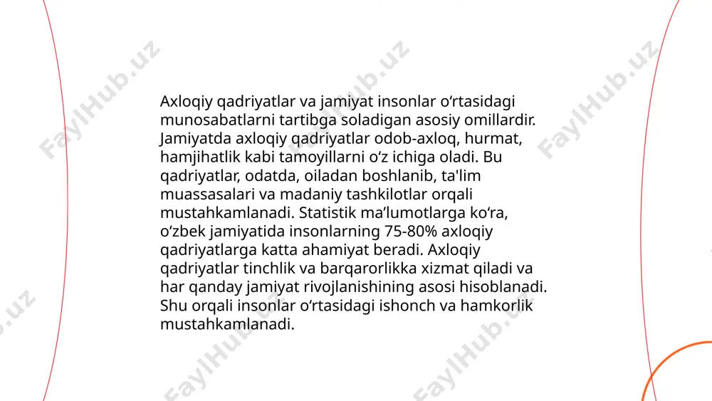 /slaydai_bot axloqiy me'yorlar va ekologik mas'uliyat insonlarning tabiatga va atrof-muhitga bo'lgan munosabatini tartibga soluvchi qoidalar majmuasi hisoblanadi. ushbu me'yorlar jamiyatning barqaror rivojlanishini ta'minlashga, resurslardan oqilona foydalanishga va atrof-muhitni muhofaza qilishga qaratilgan. bu yo'nalishda xalqaro kelishuvlar va qonun hujjatlari muhim rol o'ynaydi, masalan, parij kelishuvi global isishning 2°c darajada cheklanishini maqsad qilgan. shuningdek, bmtning barqaror rivojlanish maqsadlari orasida ekologik mas'uliyatni oshirishga qaratilgan qator maqsadlar mavjud bo'lib, ular orasida energiyaning qayta tiklanadigan manbalaridan foydalanishni rivojlantirish va bioxilma-xillikni saqlash kiradi. ... t.me/slaydai_bot 10. shaxsiy axloqiy rivojlanish va o‘zini anglash shaxsiy axloqiy rivojlanish va o‘zini anglash insonning o‘zini tanishi, axloqiy qiymatlarni qabul qilishi va ularga muvofiq yashashiga ishora qiladi. bu jarayon o‘z-o‘zini nazorat qilish, o‘ziga bo‘lgan ishonchni rivojlantirish va boshqalar bilan sog‘lom munosabatlarni o‘rnatishni o‘z ichiga oladi. o‘zimizi anglash orqali biz kuchli va zaif tomonlarimizni tushunib, ulardan samarali foydalanamiz. ma'lumotlarga ko‘ra, insonlar o‘zini anglashni kuchaytirish orqali qaror qabul qilishda 30-40% yaxshilanishga erishishi mumkin. shaxsiy …