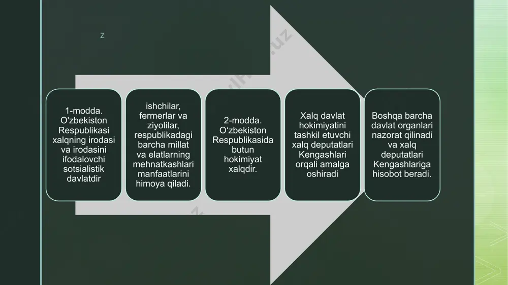 hamda korxona va muassasalarni boshqarish, mehnat va turmush sharoitlarini yaxshilash, mablag'lardan foydalanish masalalarini talab etadi. z 9-modda. sovet jamiyati siyosiy tizimini rivojlantirishning asosiy yo'nalishi sotsialistik demokratiyani yanada rivojlantirish: fuqarolarning boshqaruvdagi ishtirokini oshirish davlat va jamiyat ishlari, davlat apparatini takomillashtirish, faolligini oshirish jamoat tashkilotlari, xalq nazoratini kuchaytirish, davlatning huquqiy asoslarini mustahkamlash va jamoat hayoti, oshkoralikni kengaytirish, jamoatchilik fikrini doimo hisobga olish. 2-bob iqtisodiyot tizimi z 10-modda. o'zbekiston respublikasi iqtisodiy tizimining asosi sotsialistikdir davlat (milliy) va kolxoz-kooperativ mulk shaklidagi ishlab chiqarish vositalariga egalik qilish huquqiga ega; sotsialistik mulkka kasaba uyushmalari va boshqa jamoat mulki ham kiradi davlat sotsialistik mulkni himoya qiladi va uni ko'paytirish uchun sharoit yaratadi. z 13-modda. o'zbekiston respublikasi fuqarolarining shaxsiy mulkining asosini mehnat daromadlari tashkil etadi. shaxsiy mulk uy-ro'zg'or buyumlari, shaxsiy iste'mol, qulaylik va foydali narsalarni o'z ichiga olishi mumkin . fuqarolarning shaxsiy mulki va uning meros huquqi davlat tomonidan himoyalangan. fuqarolar qonun hujjatlarida belgilangan tartibda berilgan yer uchastkalaridan …