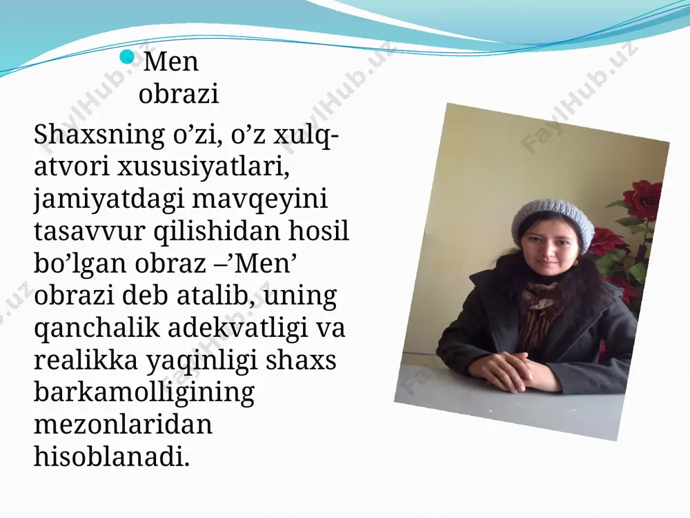 tiv tarzda shu munosabatlarni qanchalik qadrlashiga bog’liq tarzda shakllanadi. o’z-o’ziga nisbatan baho turli sifatlar va shaxsning orttirilgan tajribasi,shu tajriba asosida yotgan yutuqlariga bog’liq xolda turlicha bo’lishi mumkin. ya’ni, ayni biror ish, yutuq yuzasidan ortib ketsa, boshqasi ta’sirida - aksincha, pastlab ketishi mumkin. o’z-o’ziga baho nafaqat haqiqatga yaqin (adekvat), to’g’ri bo’lishi,balki u o’ta past yoki yuqori ham bo’lishi mumkin. o’z-o’ziga bahoning past bo’lishi doimo tushkunlik holatiga tushib qolishi, atrofdagilardan chetroqda yurishga harakat qilishi, o’zining kuchi va qobiliyatlariga ishonchsizlik kayfiyatida bo’lishi bilan ajralib turadi va bora-bora shaxsda qator salbiy sifatlar va xatti-harakatlarning paydo bo’lishiga olib keladi. hattoki, bunday holat suisidal harakatlar, ya’ni o’z joniga qasd qilish, real borligidan «qochishga» intilish psixologiyasini ham keltirib chiqarishi mumkin. o’z-o’ziga baho o’ta yuqori . o’z-o’ziga baho o’tayuqori ham shaxs xulq-atvoriga yaxshi ta’sirko’rsatmaydi.chunki, u ham shaxs yutuqlari yoki undagi sifatlarningboshqalar tomonidan sun’iy tarzda bo’rttirilishi, noo’rin maqtovlar, turliqiyinchiliklarni chetlab o’tishga intilish tufayli shakllanadi. realistik baho realistik baho shaxsni …