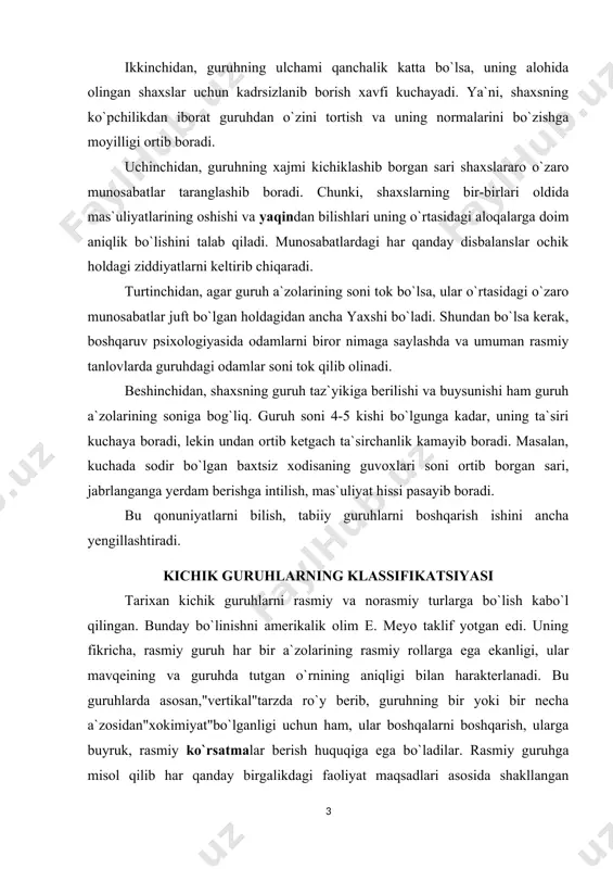 qilingan. bunday bo`linishni amerikalik olim e. meyo taklif yotgan edi. uning fikricha, rasmiy guruh har bir a`zolarining rasmiy rollarga ega ekanligi, ular mavqeining va guruhda tutgan o`rnining aniqligi bilan harakterlanadi. bu guruhlarda asosan,"vertikal"tarzda ro`y berib, guruhning bir yoki bir necha a`zosidan"xokimiyat"bo`lganligi uchun ham, ular boshqalarni boshqarish, ularga buyruk, rasmiy ko`rsatmalar berish huquqiga ega bo`ladilar. rasmiy guruhga misol qilib har qanday birgalikdagi faoliyat maqsadlari asosida shakllangan jamoalarni - ishlab chiqarish brigadasi, talabalar guruhi, sinf o`quvchilari, pedagogik jamoa va boshqalarni olish mumkin. rasmiy guruhlardan farkli ularok, norasmiy guruhlar ham mavjud bo`ladiki, ular asosan stixiyali tarzda, aniq maqsadsiz tarkib topadi va ularda a`zolarning aniq mavqelari, rollari oldindan belgilangan bo`lmaydi. ko`pincha norasmiy guruh rasmiy guruh tarkibida tashqil topadi va ularni boshqarish ham oldindan belgilangan bo`lmay, odamlar ichidan u yoki bu shaxsiy sifatlari tufayli ajralib chiqqan a`zolar norasmiy rahbarlik rolini bajarishlari mumkin. bundan tashkari, ijtimoiy psixologiyada referent guruh tushunchasi ham bor. bu tushuncha fanga birinchi …