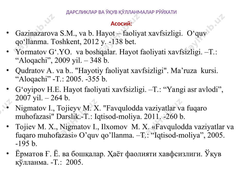 сида шундай дейилган “ҳар бир инсон яшаш хуқуқига эга...”; 23-моддасида эса “- ҳар бир инсон меҳнат килиш, эркин касб танлаш, адолатли ва қулай шароитлар ... хуқуқига эга”. ҳаётий фаолият хавфсизлигининг қонуний- ҳуқуқий негизи ва бошқариш ўзбекистон республикаси аҳоли ва ҳудудларни фавқулодда вазиятлардан муҳофаза қилишда бир қатор ҳуқуқий-меъёрий асосларга таянилади. булар ўзбекистон республикаси конституцияси, ўзбекистон республикаси президентининг фармонлари, ўзбекистон республикаси қонунлари, вазирлар маҳкамасининг қарорлари ва фавқулодда вазиятлар вазирлигининг кўрсатма ва буйруқларидан иборат. ўзбекистон республикаси президентининг 2020 йил 22 июндаги пф-6012-сон фармони инсон ҳуқуқлари бўйича ўзбекистон республикасининг миллий стратегиясини тасдиқлаш тўғрисида ўзбекистон республикаси конституцияси 6та бўлим, 26та боб, 128та моддадан иборат. ўзбекистон республикаси конституциясининг 37-моддасида шундай дейилган: “ҳар бир шахс меҳнат қилиш, эркин касб танлаш, адолатли меҳнат шароитларида ишлаш ва қонунда кўрсатилган тартибда ишсизликдан ҳимояланиш ҳуқуқига эгадир”. бу модда “инсон ҳуқуқлари” умумий декларациясининг 23-моддаси билан ҳамоҳангдир. асосий қомусимиз бўлган ўзбекистон республикаси конституциясининг асосини ҳам инсон, унинг қадр-қиммати, саломатлиги ташкил этади. инсоннинг ҳаёти, …
