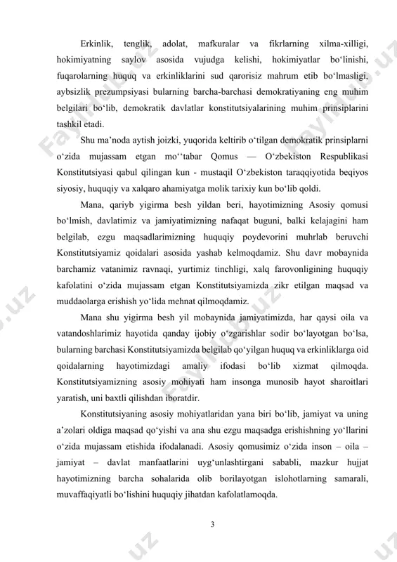 ni o‘zida mujassam etishida ifodalanadi. asosiy qomusimiz o‘zida inson – oila – jamiyat – davlat manfaatlarini uyg‘unlashtirgani sababli, mazkur hujjat hayotimizning barcha sohalarida olib borilayotgan islohotlarning samarali, muvaffaqiyatli bo‘lishini huquqiy jihatdan kafolatlamoqda. jahonda bo‘lib o‘tayotgan voqealar ham shuni yaqqol tasdiqlamoqdaki, agar inson va davlat manfaatlari o‘zaro uyg‘unligi buzilsa, davlatda olg‘a siljish bo‘lmaydi. mamlakatimizda esa, bu masala davlatimiz rahbarining oqilona va dono siyosati tufayli konstitutsiyamizda jamiki dunyoviy ne’matlar orasida eng ulug‘i - inson degan fikrni ilgari surildi va shu asosda “fuqaro - jamiyat – davlat” o‘rtasidagi o‘zaro munosabatning oqilona huquqiy yechimini topishga intildik. konstitutsiya har qanday davlatning o‘ziga xos pasporti desak ham mubolag‘a bo‘lmaydi. chunki, u yoki bu mamlakatda davlatni tavsiflash zarur bo‘lganda asosiy qonun ushbu davlat rivojlanishning qanday yo‘lini tanlagani, inson-jamiyat-davlat munosabatlari, davlat tuzilishi va boshqaruviga oid barcha masalalarni mufassal tartibga soladi. konstitutsiya davlat bilan shaxs o‘rtasidagi o‘zaro huquqlar va burchlar belgilab olingan o‘ziga xos ahdnoma desak ham mubolag‘a bo‘lmaydi. …