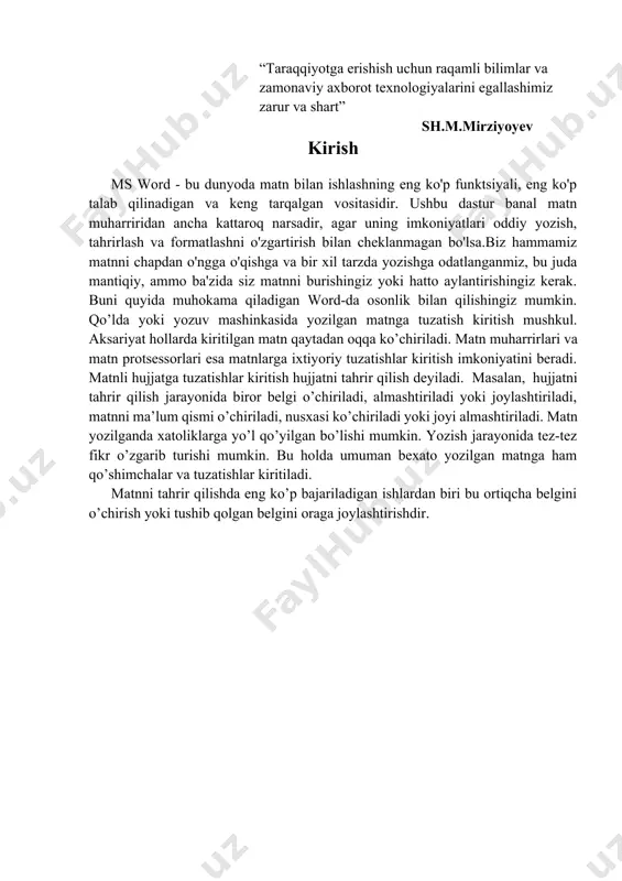 iriqlar va ko’rgazmali tarqatmalar orqali mavzu mustahkamlanadi ma’ruza, slayd, tarqatma, amaliy topshiriqlar. 15 5. mavzuni mustahkam- lash 1. o’quvchilarga mavzu yuzasidan savollar beriladi. 2. mavzudagi 1,2,3,4 amaliy mashg’ulotlar bajariladi.sinf 4 guruh bo’linadi. kichik guruhlarda ishlash 15 6. o’quvchilar bilimini baholash “5” balli tizim noan`anaviy, rag`batlantirish. 2 7. uy vazifasini belgilash mavzu yuzasidan amaliy topshiriqlar tekshiriladi maktab kompyuter xonasi 1 8. darsni yakunlash demak, matn qoʻshish, oʻzgartirish va koʻchirish haqida ma’lumotlarga ega bo’lishadi muloqot, amaliy ko’nikmalarga ega bo’ladilar 1 v. asosiy tushunchalar: matn qoʻshish, oʻzgartirish va koʻchirish vi. mavzuni yoritish. 1. o’tilgan mavzularni takrorlash word dasturi,odatda,dasturlar dispechorining microsoft office bo’limida joylashgan bo’ladi. word asturini ishga tushirish uchun “sichqoncha” ko’rsatkichiniword piktogrammasini ustiga keltirilib, uning chap tugmachasi ikki marta bosib, standart usulda ishga tushirish mumkin. yoxud “пуск” tugmachasi yordamida “программы” bandiga kiriladi va dasturlar ro’yxatidan microsoft word ko’rsatkich orqali topiladi xamda “sichqoncha” chap tugmachasi bosiladi. natijada ekranda dastlab word dasturi zarvaragi so’ngra wordning …