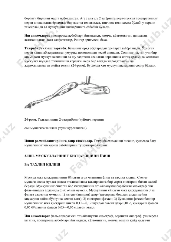 анининг 2-тажрибаси (қуймич нервини сон мушагига ташлаш усули кўрсатилган). ишни расмийлаштиришга доир тавсиялар. тажриба схемасини чизинг, хулосада бақа мушагининг қисқариш сабабларини тушунтириб беринг. 3-иш. мускулларнинг қисқаришини ёзиш ва таҳлил қилиш мускул якка қисқаришининг ёйилган эгри чизиғини ёзиш ва таҳлил қилиш. скелет мушаги қисқа муддат давом этадиган якка таъсирлашга бир марта қисқариш билан жавоб беради. мускулнинг ёйилган бор қисқаришини тез айланувчи барабанли кимограф ёки фаль-аппарат ёрдамида ёзиб олиш мумкин. мускулнинг ёйилган якка қисқаришини 3 та фазага ажратиш мумкин: 1) латент (яширин) давр (таъсирлаш бошлангандан кейин қисқариш пайдо бўлгунча кетган вақт); 2) қисқариш фазаси; 3) бўшашиш фазаси болдир мушагининг якка қисқариш цикли 0,11—0,12 шундан латент давр 0,01 с, қисқариш фазаси 0,05 бўшашиш фазаси 0,05—0,06 с давом этади. иш анжомлари: фаль-аппарат ёки тез айланувчи кимограф, вертикал миограф, универсал штатив, препаровка асбоблари йиғиндиси, кўзтомизгич, жомча, вақтни қайд қилувчи асбоб, дока салфеткалар, рингер эритмаси, бақа. тажриба ўтказиш тартиби. бақанинг болдир мушагидан препарат тайёрланади ва вертикал …