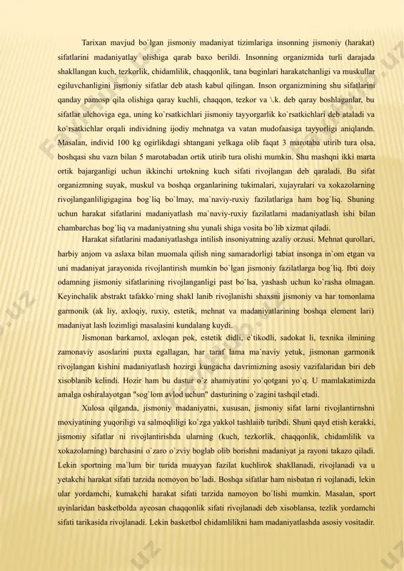 on lnkni rivojlantirish uchun ko`prok uyinlardan: voleybol, basketbol, futbol, tennis, stol tennisi, gandbol, xokkey, regbi va boshqalardan foydalanish maqsadga muvofiqdir. aslida bu uyinlar uchun tezlikning ahamiyati ham ikkinchn darajali emas. chakkonlikni rivojlantirish esa tez o`zgaruvchan uyin sharoitiga moslasha bilishni, ko`zatuvchanlikni, muljalga to`g`ri olishni, qisqa fursat ichida turli murakkab vaziyatda aniq, to`g`ri tuxtamga kelish, uni xis qilish va o`z harakatlarini shu vaziyatga moslay olishdek hayotiy-zaruriy amaliy harakat malakalarni shakllantiradi. velosiped, harakatli uyinlar ham chaqqonlikni rivojlantiradi. kuchni rivojlantirish uchun biz, odatda akrobatika, gimnastika, ogir atletika, ko`rash, eshkak zshish, o`rta masofaga yugurish, regbi, kulturizm kabi sport turlaridan foydalanishimizga to`g`ri kelmoqda. aslida shu sport turlarining ayrim mashqlaridan to`g`ri va samarali foyda lanish maqsadga muvofiqdir. biz yosh sportchilarda egiluvchanlikni rivojlantirish uchun, odatda, badiiy va sport gimnastikasi mashqlaridan, akrobatikadan, suvga sak rashdan, kulturizmdan va boshqa mashqlardan foydalanimiz. chidamlilikni rivojlantirish uchun o`rta va uzoq masofalarga yurish, sport yurishi, changida yurish, eshkak eshish, velosipedda yurish va shu bilan …