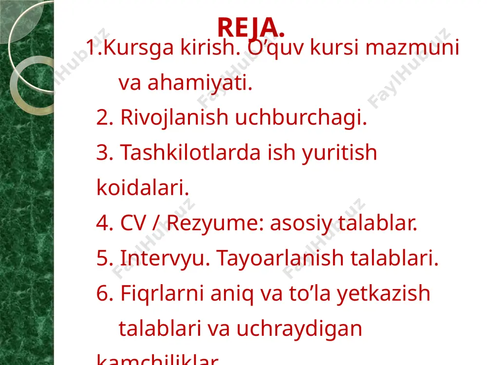 qo'li bilan (tuzatishsiz) o'z hayoti va ish faoliyati bosqichlarining xronologik ketma-ketligida qisqacha tavsif beradi. quyidagilar aks ettirilishi kerak: familiyasi, ismi, otasining ismi, tug'ilgan yili va joyi, qaysi ta'lim muassasalari tugatilganligi va qaysi mutaxassislik bo'yicha, lavozim va ish joyining bevosita xronologik tartibida ko'rsatilgan mehnat faoliyati, xarbiy xizmatda bo’lishi rag'batlantirilishi, oilaviy ahvol, yaqin qarindoshlar tarjimai hol imzolanadi va uni tuzgan yuz bilan tarixlanadi. tarjimai hol cv shaxsiy hujjat hisoblanib, odamning hayot yolini ko’rsatish vazifani bajaradi. cv umumiy maqsadda hayot yo’lini taqdim etadigan hujjat va odamning umumiy tasniflaydi, kimligini ko’rsatib beradi. cv 1. rezyume erkin shaklda bo’lishi mumkin, ammo amaliyotda tan olingan va keng tarqalgan shakllar asosida yoziladi. 2. rezyume aniq bir maqsad uchun yoziladi – masalan yangi ish joyiga o’tish. 3. rezyume – bu odamni ma’lum vazifa bajarishga loyikligini ko’rsatadi. rezyume odatda 5-6 bloklardan iborat bo’ladi: 1. nomzodning shaxsiy ma'lumotlari. 2. kerakli lavozim (siz murojaat qilgan lavozim). 3. ish tajribasi (kasbiy tajriba). …