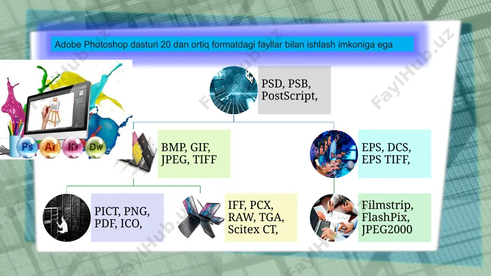ngi versiya yangi imkoniyatlarga ham ega boʻldi. photoshop cs3 ramzida esa koʻk chegarali toʻrtburchak ichidagi ps yozuvi aks etadi. 9 e’tiboringiz uchun rahmat 10 image2.png image3.jpeg image4.jpeg image5.png image6.png image13.jpeg image14.jpeg image15.png image16.jpeg image1.png