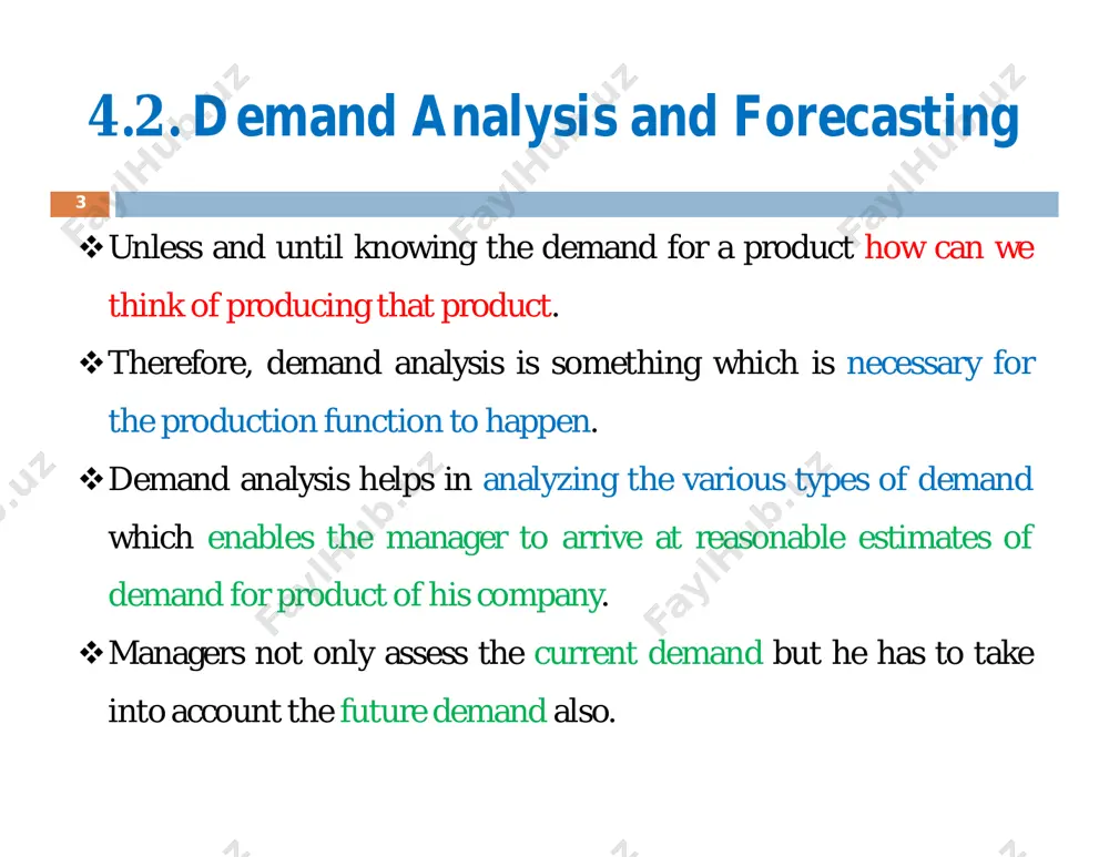 .  a firm that has been existence for long period will have accumulated considerable data on sales pertaining to different time periods. – the data is time series data. such data can be analyzed in order to establish the nature of trends in sales over a period so that possible trend in future can be inferred. the past trend is projected in order to interpret the future trend. a trend line can be fitted through a series of statistical techniques such as the method of least square a) trend projection method 11 the focus of time-series analysis is to identify the components of change in the data  a trend is a long-term increase or decrease in the variable.  the seasonal component represents changes that occur at regular intervals.  cyclical patterns is a sustained periods of high values followed by low values.  the remaining variation in …