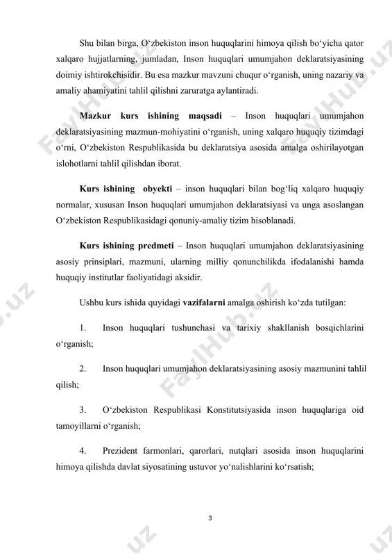 oid tamoyillarni o‘rganish; 4. prezident farmonlari, qarorlari, nutqlari asosida inson huquqlarini himoya qilishda davlat siyosatining ustuvor yo‘nalishlarini ko‘rsatish; 5. amaliy misollar asosida deklaratsiya tamoyillarining milliy qonunchilik va amaliyotdagi ifodasini tahlil qilish; i bob. inson huquqlari umumjahon deklaratsiyasining nazariy asoslari 1.1. inson huquqlari tushunchasi va tarixiy shakllanish bosqichlari inson huquqlari kishilar o‘zaro harakati, ular o‘rtasidagi aloqalarni tartibga solish, ular harakati va faoliyatini muvofiqlashtirish, ziddiyatlar, qarama-qarshiliklar, konfliktlarni bartaraf etishning normativ shakli hisoblanadi. o‘z mohiyatiga ko‘ra, ular individ, jamiyat, davlatning normal faoliyat ko‘rsatishini ta’minlash obyektiv zarur bo‘lgan kishilar hayot faoliyatining shart-sharoitlari va usullarini normativ shakllantiradilar. bu me’yorlar erkinlik, tenglik, adolat prinsiplariga asoslanadi. yashash, erkin bo‘lish huquqi, qadr-qimmatga ega bo‘lish, shaxs daxlsizligi, fikrlash va e’tiqod erkinligi, vijdon erkinligi, siyosiy jarayonlarda ishtirok etish huquqi kabilar ma’rifiy jamiyatda inson hayotini tashkil etishning zarur shartlari hisoblanadilar va davlat tomonidan so‘zsiz tan olinishi, qo‘riqlanishi shart. inson huquqlari mazmuniga konkret-tarixiy yondoshish zarur. xalqaro-huquqiy hujjatlarda qayd etilgan inson huquqlarining hozirgi …