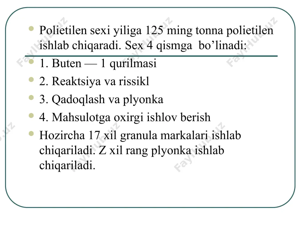 tiladigan moddalarni ajratadi -rb - monomolekulyar kolonna -fe - erkin etilen kolonna -sm - somonomer kolonna berilgan molekula massaviy taqsimot polimerlanishni uch xil rejimda olib borish natijasida erishiladi, reaktor №1 rejimi reaktor №3+1 (uch plyus bir) rejimi reaktor №3-1 (uchdan birga) rejimi reaktor №1 rejimi bo’yicha asosiy jarayon avtoklav reaktorida amalga oshadi. avtoklav reaktorning aralashtirgich kurakchalar bilan jixozlangan, xom ashyoning asosiy qismi reaktorning tagidan beriladi. lekin 50% gacha xom-ashyo reaktor aralashtirgichi 4- ko’rakchasi balandligidagi nasadkalar orqali purkab berish ҳam mumkin. 3+1 reaktor sistemasi (gibrid sistema) – bu sistema o’z ichiga quvursimon va aralashtirgichli reaktorlarni qamrab olgan. reaktor 3-1 (uchdan birgacha) rejimi buyicha asosiy jarayon uchnichi reaktorda olib boriladi. e’tiboringiz uchun raxmat ti 4( кайтариш  -ti 3+ ticl 3 ( al(c 2 h 5 ) 2 cl ( c 2 h 5 ticl 4 + al(c 2 h 5 ) 3 ti 3+ ticl 2 + al(c 2 h 5 …
