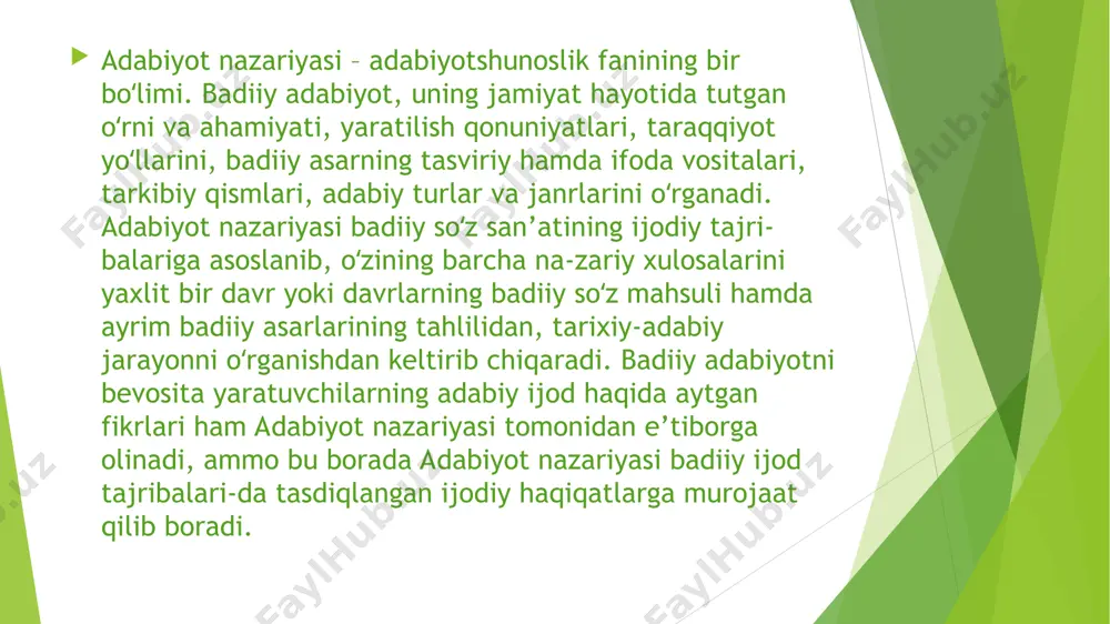 qa badiiy adabiyot qonuniyatlarini yaxlit oʻrganuvchi adabiyot nazariyasi yaratishni boshlab berdilar. rossiyada m. v. lomonosov, a. n. radishchev, v. g. belinskiy, n. g. chernishev-skiy, a. n. dobrolyubov, a. i. gersen va boshqa adabiy-nazariy qarashlar rivojiga muayyan hissa qoʻshdilar. adabiyot nazariyasi badiiy asarning tarkibiy qismlari (syujet, konflikt, kompozitsiya va boshqalar), adabiy turlar va janrlar haqidagi masalalarni keng yoritadi. insoniyat tarixida boʻlgan ijodiy uslublar, adabiy oqimlar, maktablar adabiyot nazariyasida oʻzining aniq ta’rifu tavsifini topadi. oʻtmish adabiyot bilan hozirgi zamon adabiyoti oʻrtasidagi doimiy vorislik (an’ana va yangilanish) masalalari ham adabiyot nazariyasiga aloqadordir. turli xalqlar adabiyotlari oʻrtasidagi oʻzaro ta’sir va bir-birlarini boyitishdan iborat ijobiy tarixiy jarayonning qonuniyatlarini aniqlash ham adabiyot nazariyasi ning doimiy oʻrganuvchi sohalaridan birini tashkil etadi. dunyo xalqlari she’riyatiga xos tizimlar, ularning tuzilishi va shakllari adabiyot nazariyasi ning bevosita tadqiqot manbaidir. badiiy adabiyotning oʻtmishi, hozirgi ahvoli va istiqboldagi rivojlanish tamoyillarini belgilab berish eng muhim vazifasi sanaladi. .sharqda adabiyot nazariyasining yuqorida qayd etil-gan …