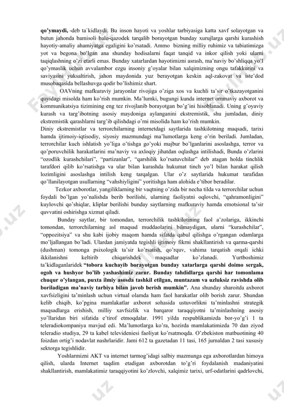 adi. yuqoridagi mulohazalar bugungi kunda turli shakl va mazmundagi axborotlar inson va jamiyat hayoti, taraqqiyoti va kamolotining zaruriy shartiga, oav esa uni tarqatishning muhim bo’g’iniga aylanganini ko’rsatadi. xususan, radio, televidenie, gazeta va jurnallarsiz har qanday ma’lumotli kishi ham murakkab ijtimoiy-siyosiy va madaniy jarayonlarda to’g’ri yo’l topa olishi qiyin. oav esa, kishilarga o’zining individual tajribasi doirasidan chiqishga va keng qamrovli jarayonlar mohiyatini his qilishga yordam beradi. ma’lumotlarga ko’ra, 30 minutdan keyin axborotning 60 foizi, kun oxiriga kelib 40 foizi, hafta oxiriga kelib bor yo’g’i 10 foizi esda qoladi. shundan kelib chiqib, ijtimoiy fikrga ta’sir o’tkazishga qaratilgan, turli g’oyaviy mazmun bilan sug’orilgan axborotlarni vaqti-vaqti bilan takrorlab turishga ham alohida e’tibor berilayotganini ta’kidlash zarur. oav odamlar ongi va hissiyotlariga, tafakkur tarziga, xulq atvorlariga ta’sir ko’rsatishda katta imkoniyatlarga ega. oavning bugungi kundagi rivoji g’oyaviy ta’sir o’tkazishning miqyosi va ko’lamining keskin darajada o’sishiga olib keldi. ana shunday vaziyatda birinchi prezidentimiz i.a.karimov ta’kidlaganlaridek, shuni unutmaslik kerakki, …