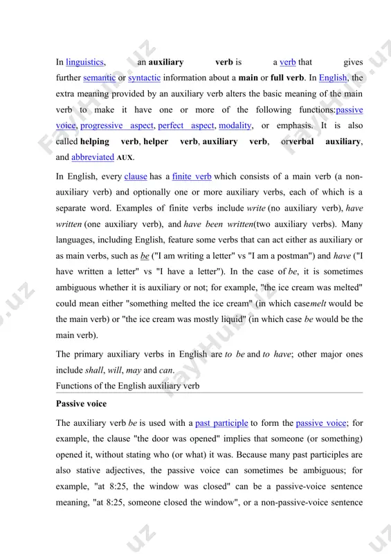 meaning, "at 8:25, someone closed the window", or a non-passive-voice sentence meaning "at 8:25, the window was not open". perhaps because of this ambiguity, the verb get is sometimes used colloquially instead of be in forming the passive voice, "at 8:25, the window got closed." progressive aspect the auxiliary verb be is used with a present participle to form the progressive aspect; for example, "i am riding my bicycle" describes what the subject is doing at the given (in this case present) time without indicating completion, whereas "i ride my bicycle" is a temporally broader statement referring to something that occurs habitually in the past, present, and future. similarly, "i was riding my bicycle" refers to the ongoing nature of what i was doing in the past, without viewing it in its entirety through completion, whereas "i rode my bicycle" refers either to a single past act viewed in its …